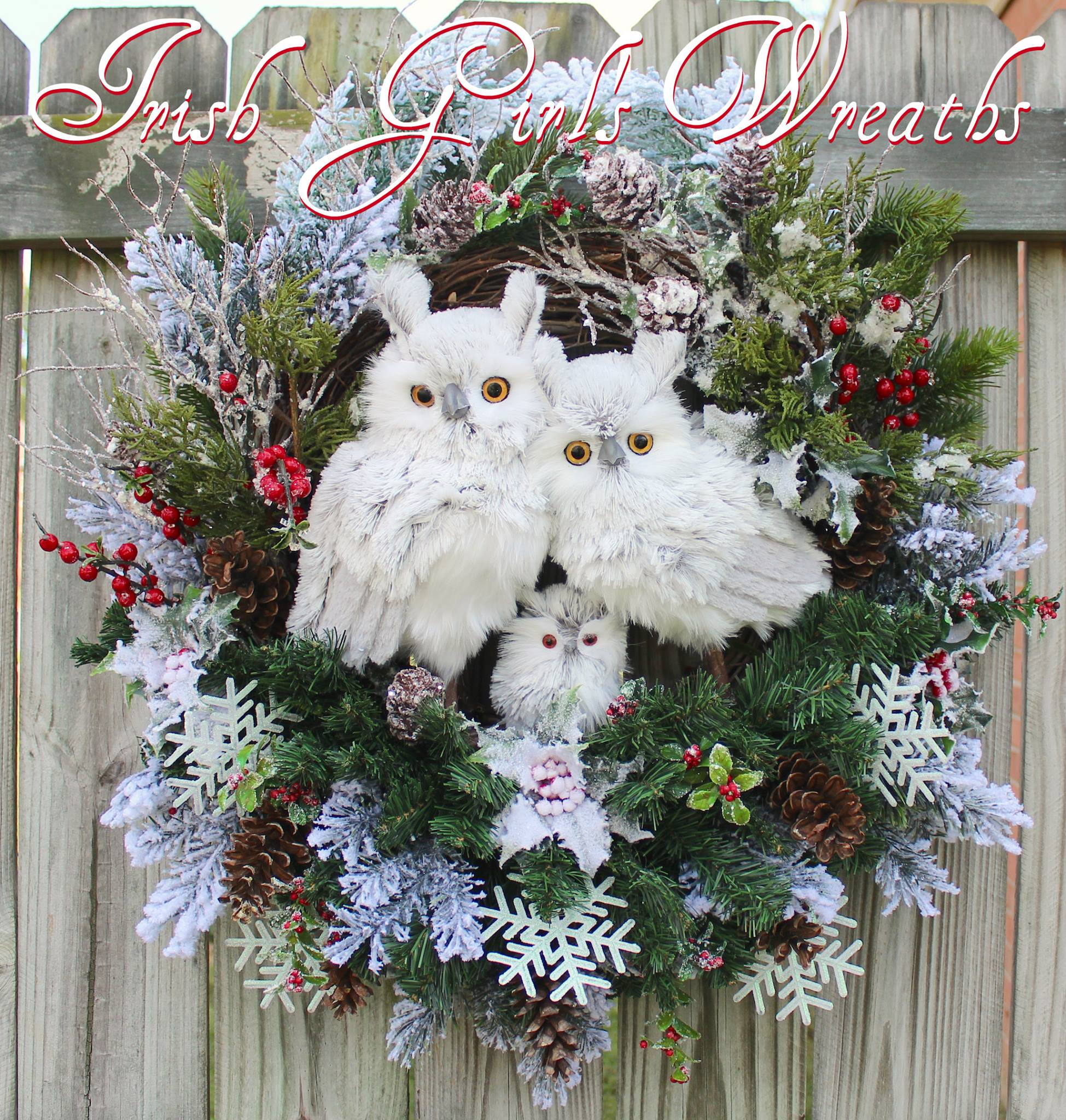 Deluxe Rustic Woodland Gray Winter Owl Family Wreath, Custom