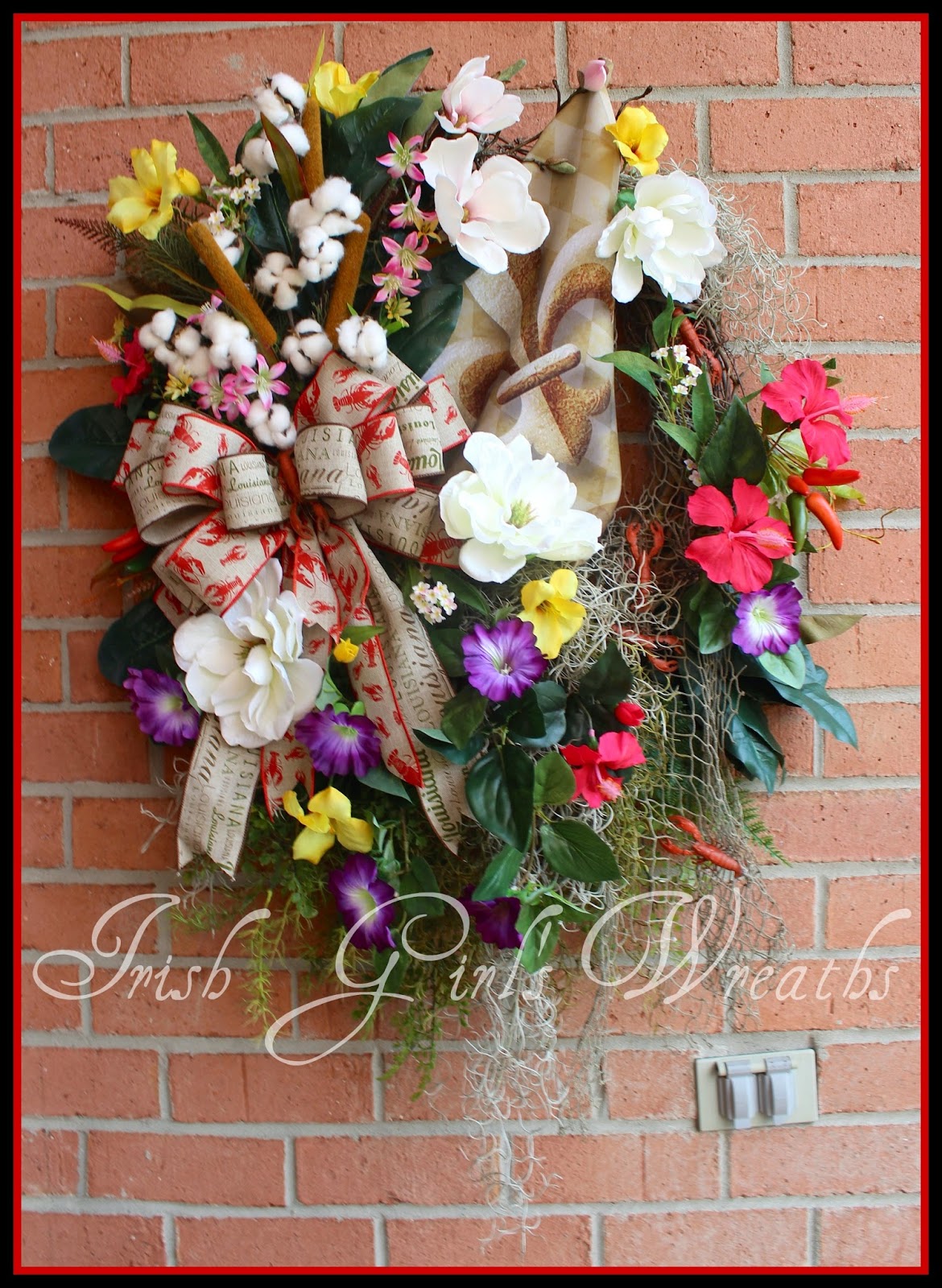 XL Rustic Cajun Louisiana Summer Wreath, Wall hanging, Magnolia, Spanish Moss, Bayou, Fleur de Lis Flag, Crawfish, Fishing net, Petunia, Hibiscus