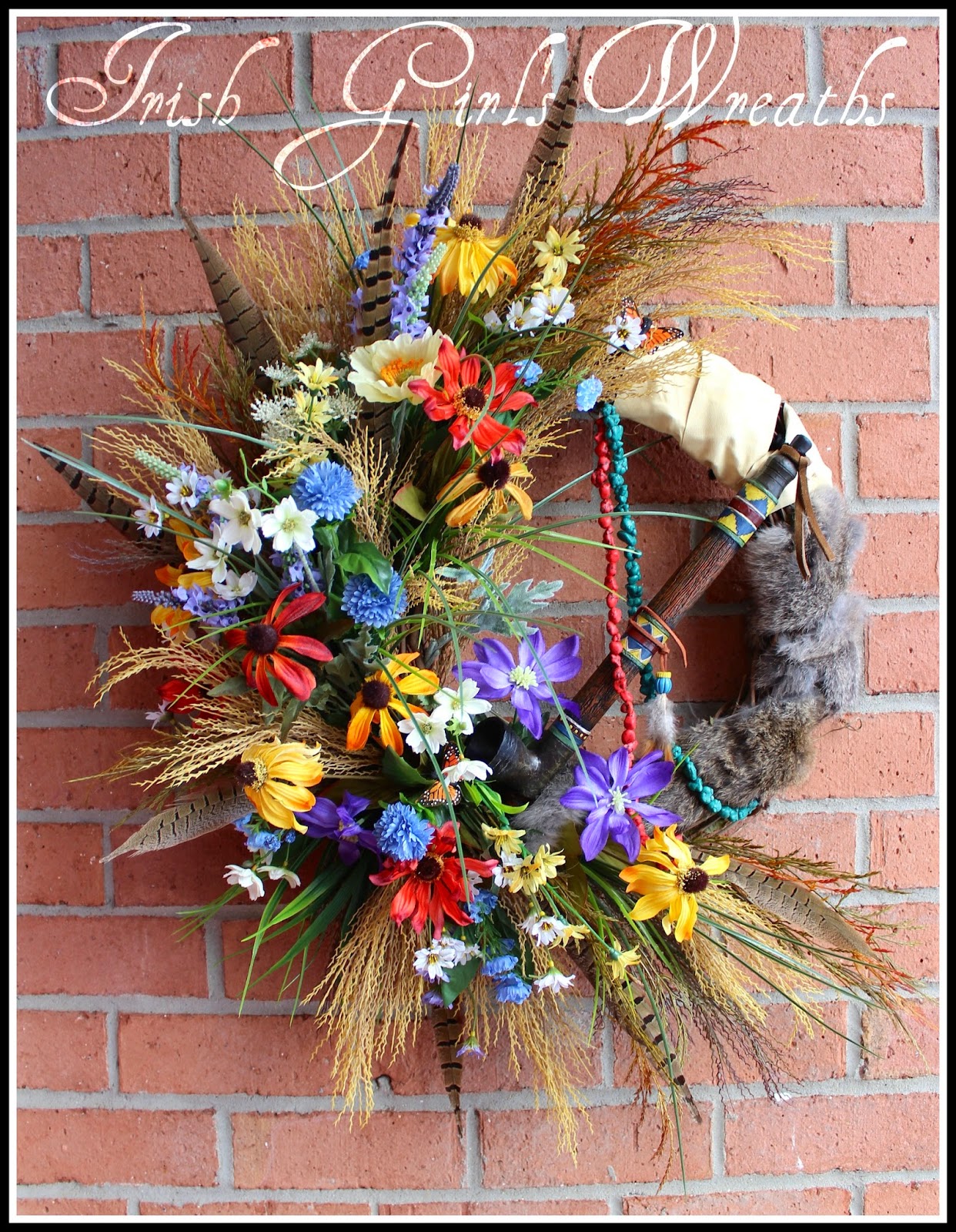 Great Plains Large Wildflower Native American Indian Wreath, Rustic, Pheasant feather, peace pipe