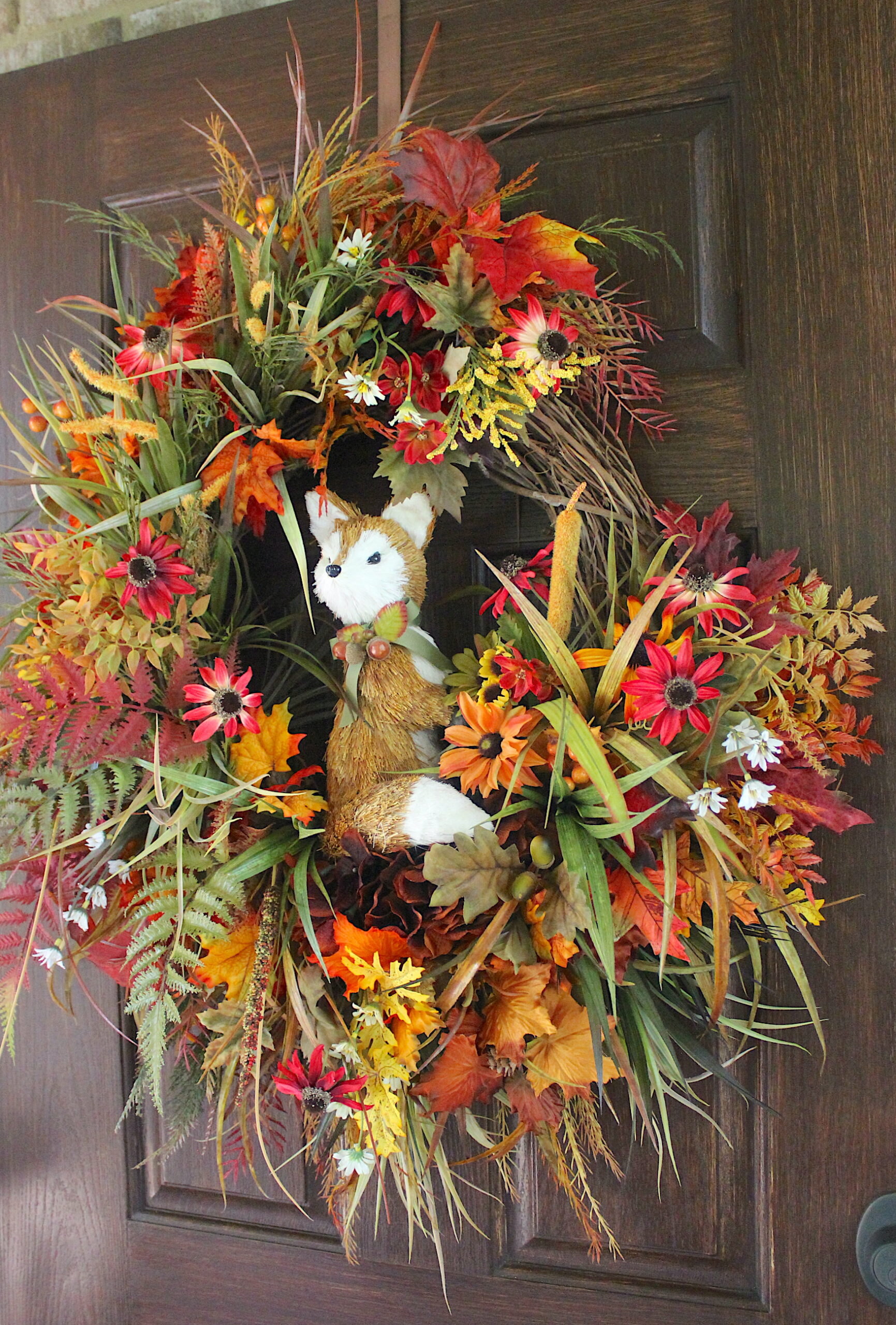 Fall Fox Meadow Wreath, Rustic Standing Fox Autumn Wildflowers Wreath, Fall Wreath - Image 3