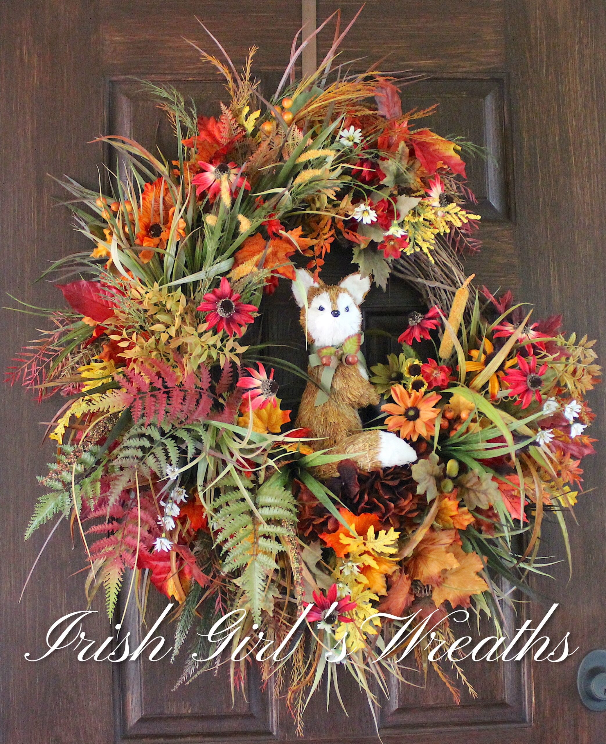 Fall Fox Meadow Wreath, Rustic Standing Fox Autumn Wildflowers Wreath, Fall Wreath