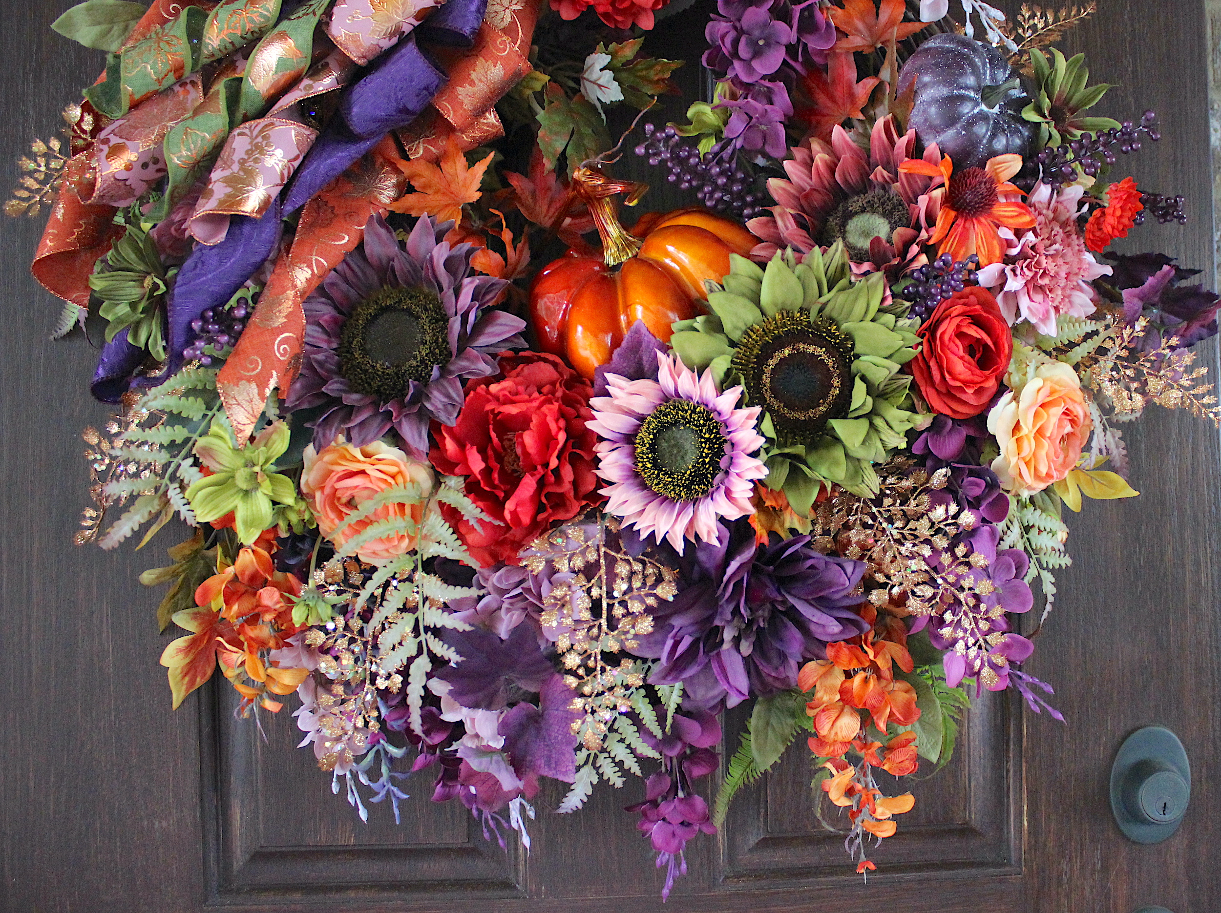 Moody Autumn Plum Purple Sunflower Dusty Mauve and Copper Floral Pumpkin Wreath, Fall Wreath, Tuscan Purple and Orange Thanksgiving Wreath - Image 4
