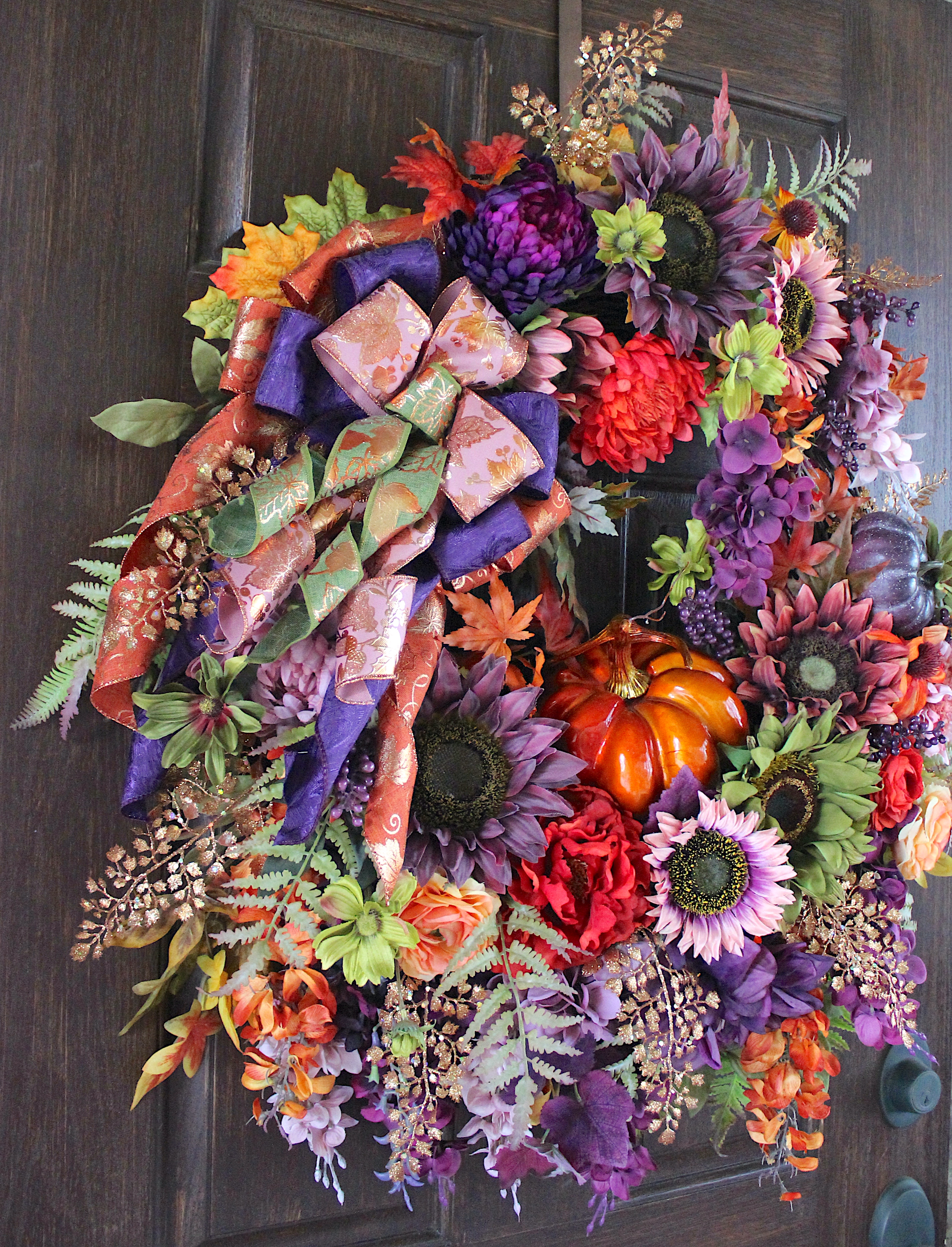 Moody Autumn Plum Purple Sunflower Dusty Mauve and Copper Floral Pumpkin Wreath, Fall Wreath, Tuscan Purple and Orange Thanksgiving Wreath - Image 3