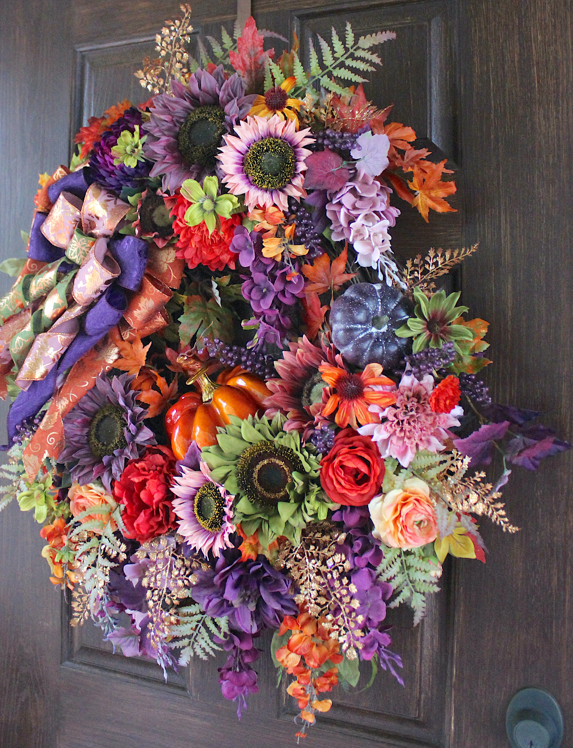 Moody Autumn Plum Purple Sunflower Dusty Mauve and Copper Floral Pumpkin Wreath, Fall Wreath, Tuscan Purple and Orange Thanksgiving Wreath - Image 2