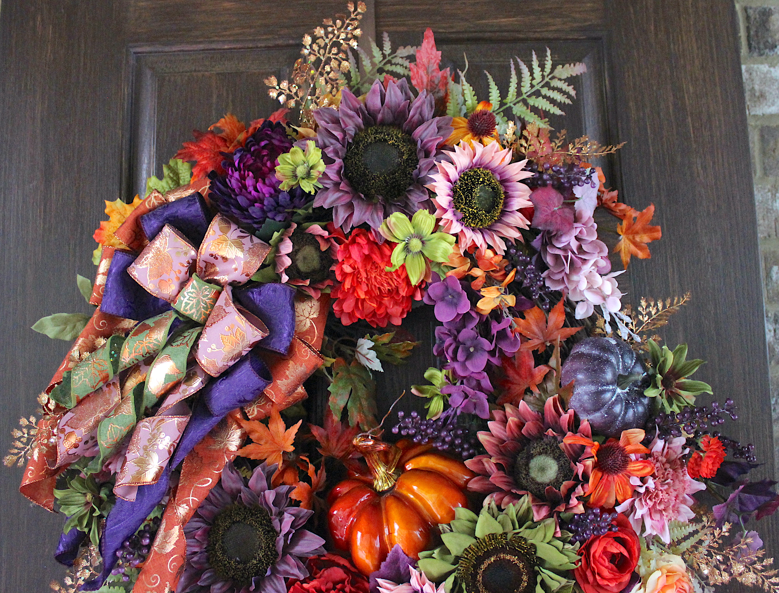 Moody Autumn Plum Purple Sunflower Dusty Mauve and Copper Floral Pumpkin Wreath, Fall Wreath, Tuscan Purple and Orange Thanksgiving Wreath - Image 5