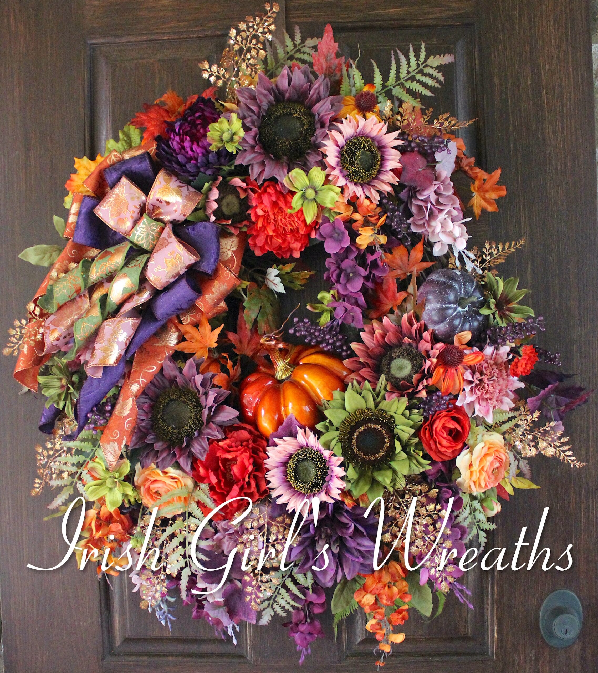 Moody Autumn Plum Purple Sunflower Dusty Mauve and Copper Floral Pumpkin Wreath, Fall Wreath, Tuscan Purple and Orange Thanksgiving Wreath