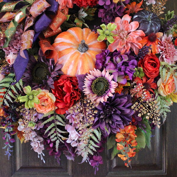 Moody Autumn Plum Purple Sunflower Dusty Mauve and Rust Floral Pumpkin Wreath, Fall Wreath, Tuscan Purple and Orange Thanksgiving Wreath - Image 2