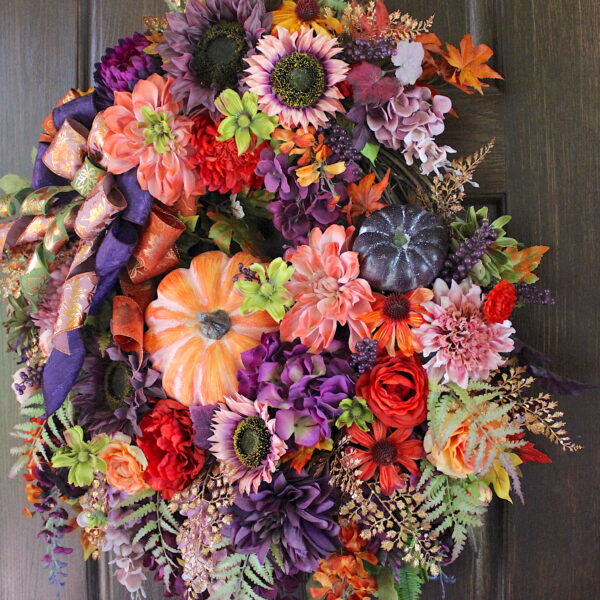 Moody Autumn Plum Purple Sunflower Dusty Mauve and Rust Floral Pumpkin Wreath, Fall Wreath, Tuscan Purple and Orange Thanksgiving Wreath - Image 3