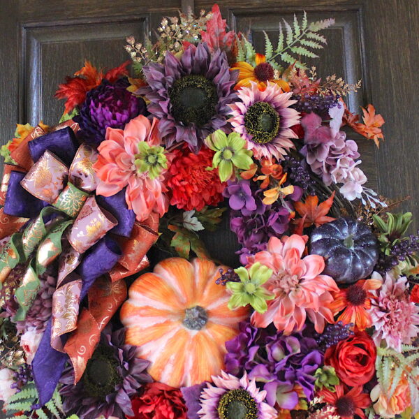 Moody Autumn Plum Purple Sunflower Dusty Mauve and Rust Floral Pumpkin Wreath, Fall Wreath, Tuscan Purple and Orange Thanksgiving Wreath - Image 5