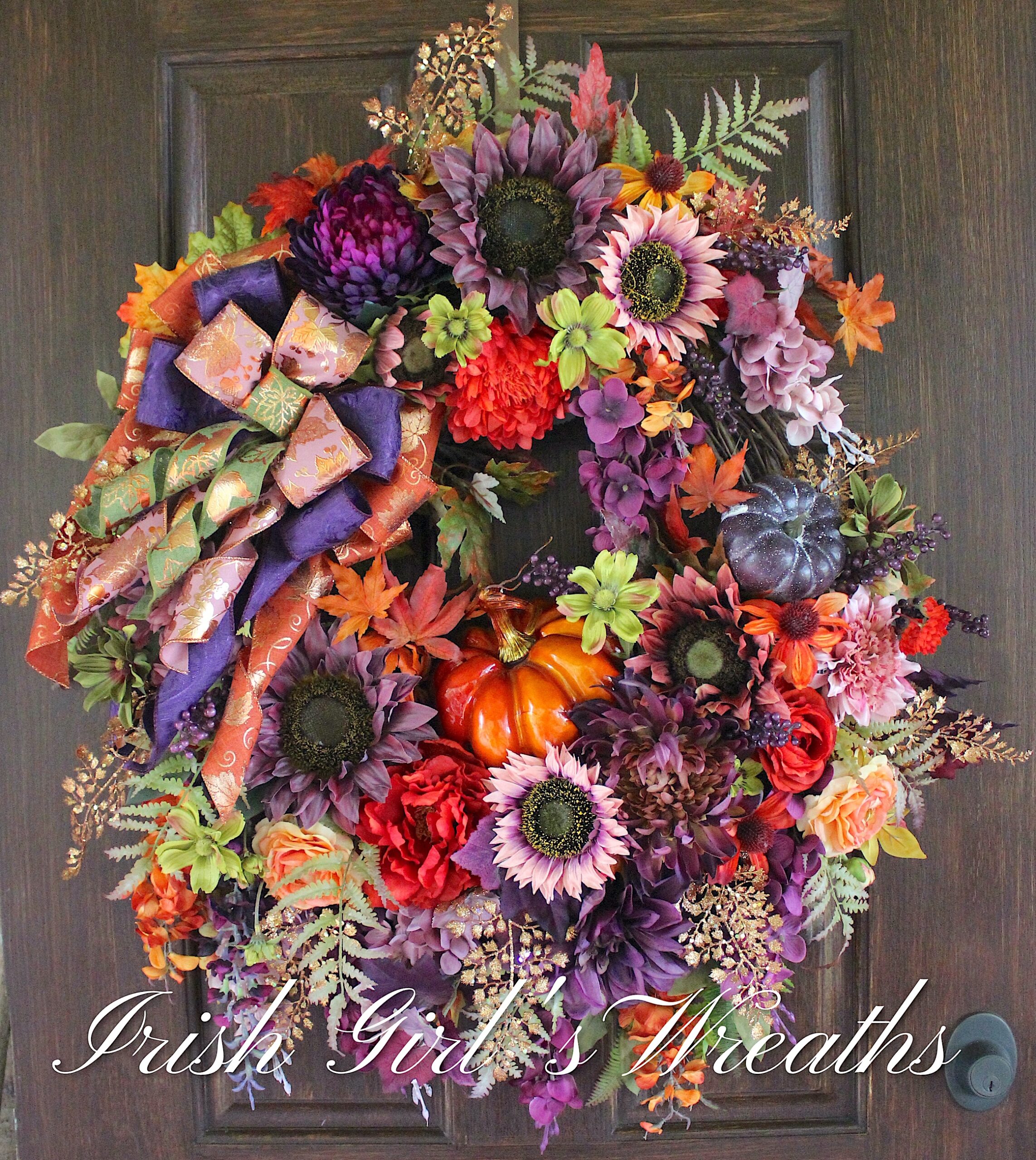 Moody Autumn Plum Purple Sunflower Dusty Mauve and Copper Floral Pumpkin Wreath, Fall Wreath, Tuscan Purple and Orange Thanksgiving Wreath