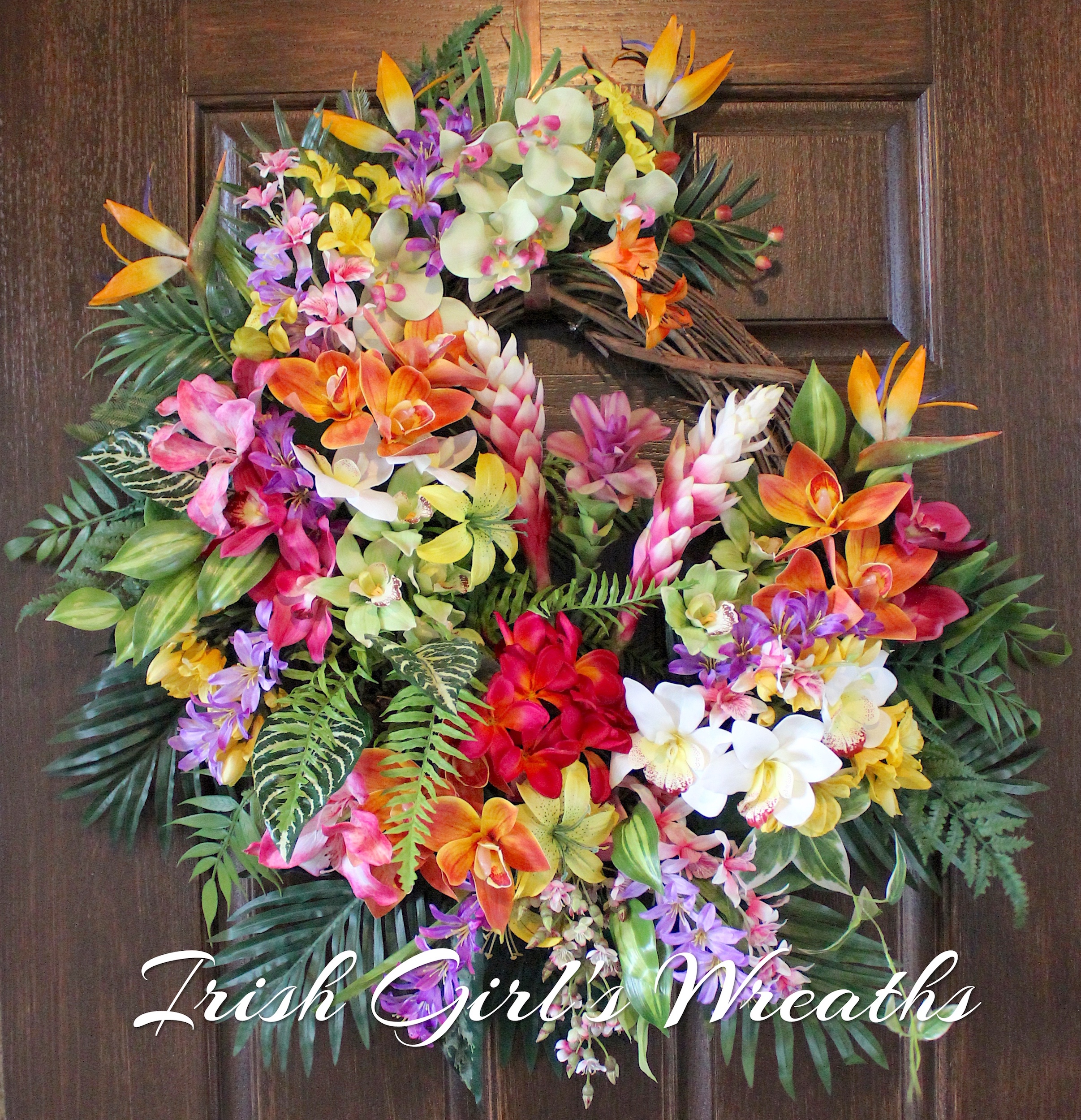 Pink Ginger Tropical Island Luau Garden Wreath – Large Summer Hawaiian Orchid floral Wreath