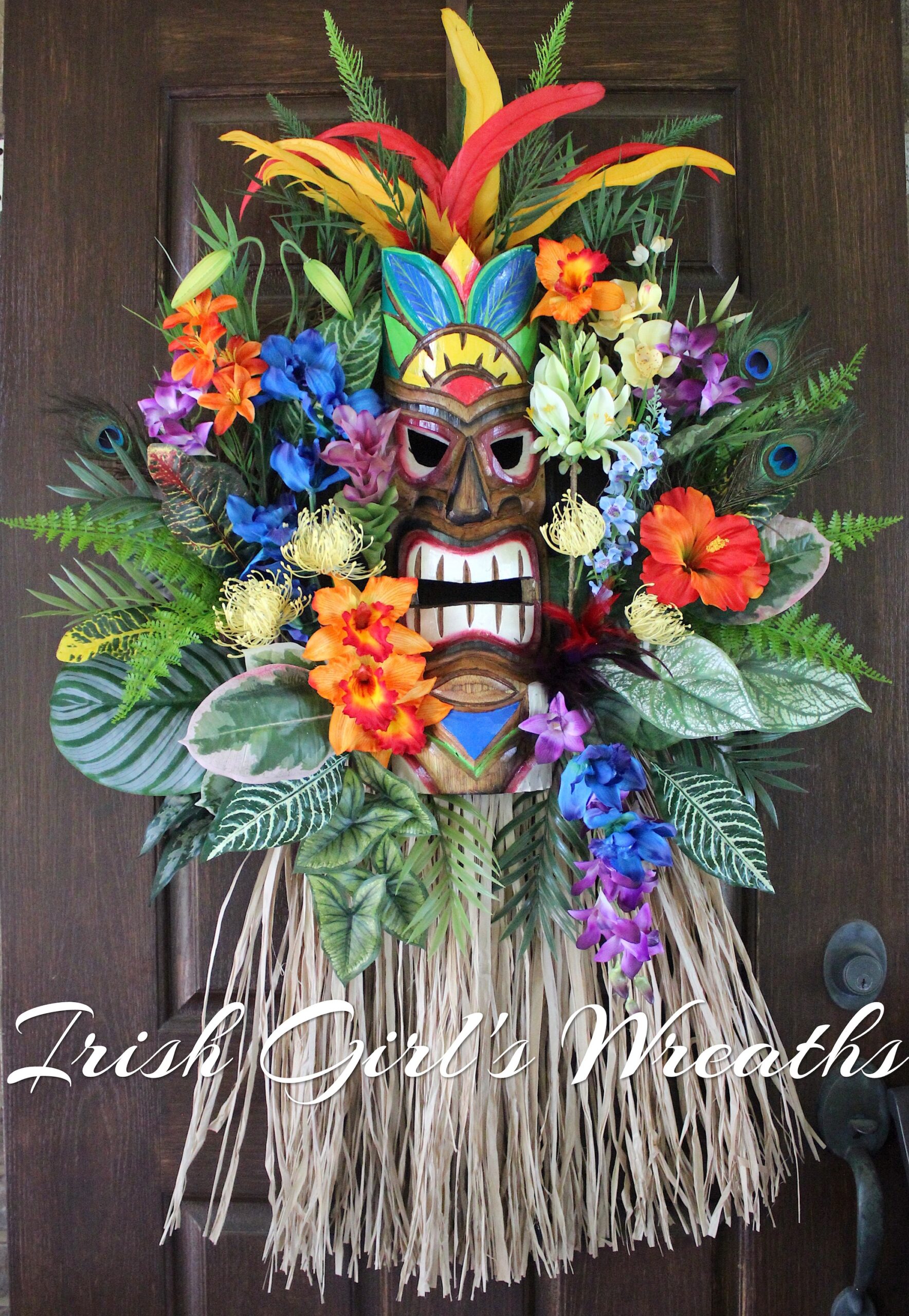 Extra Large Colorful Tiki Voodoo Island Tropical Wreath, Vibrant Tiki Bar Hawaiian Luau Wreath
