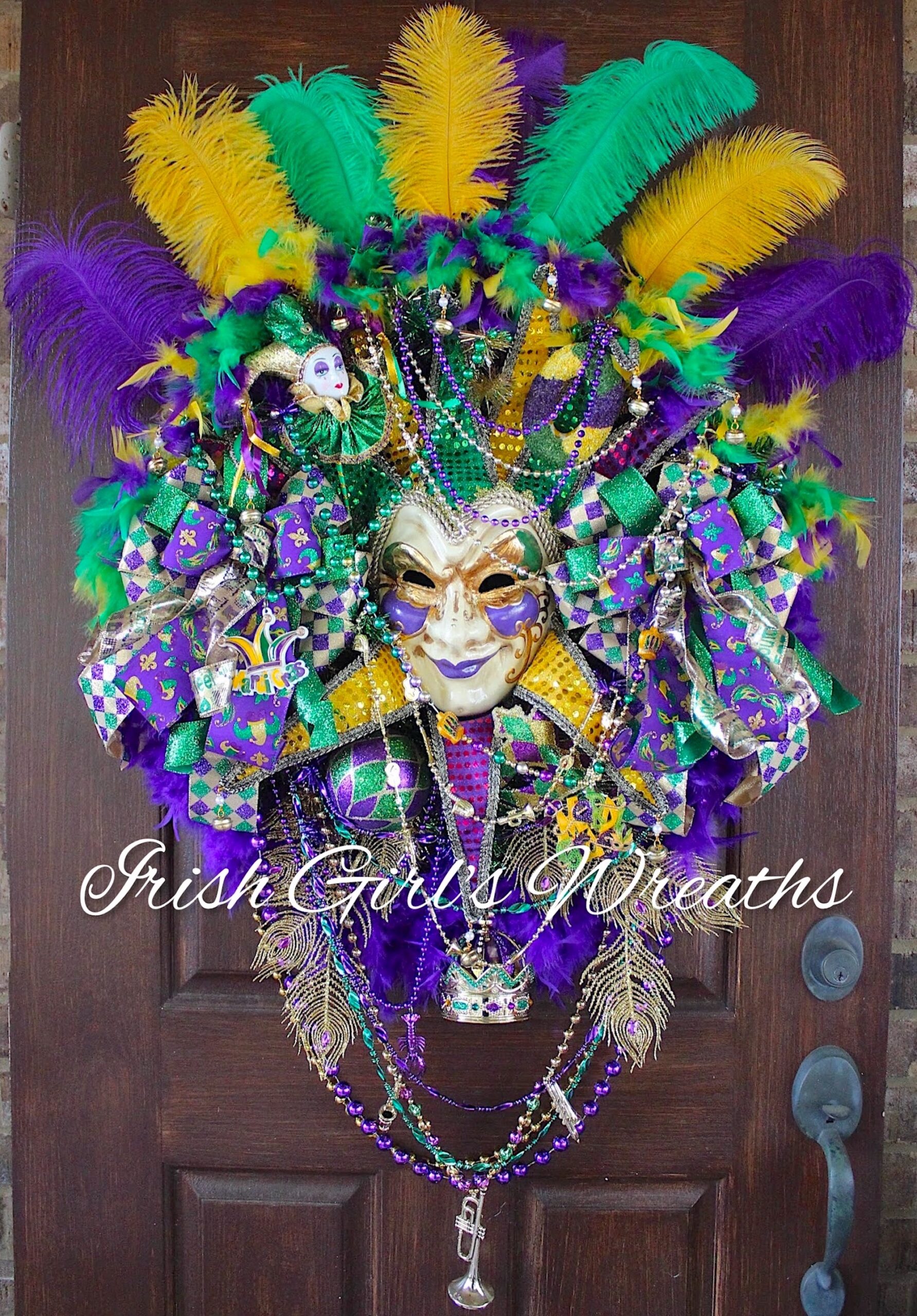 Venetian Carnival Large Feather Masquerade Mask Mardi Gras Yellow Purple Green