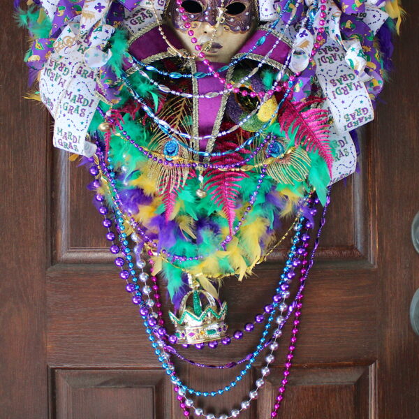 XXL Colorful Mardi Gras Wreath, Carnival Feather HeadDress Female Purple and Gold Venetian Jester Mask Wreath - Image 3