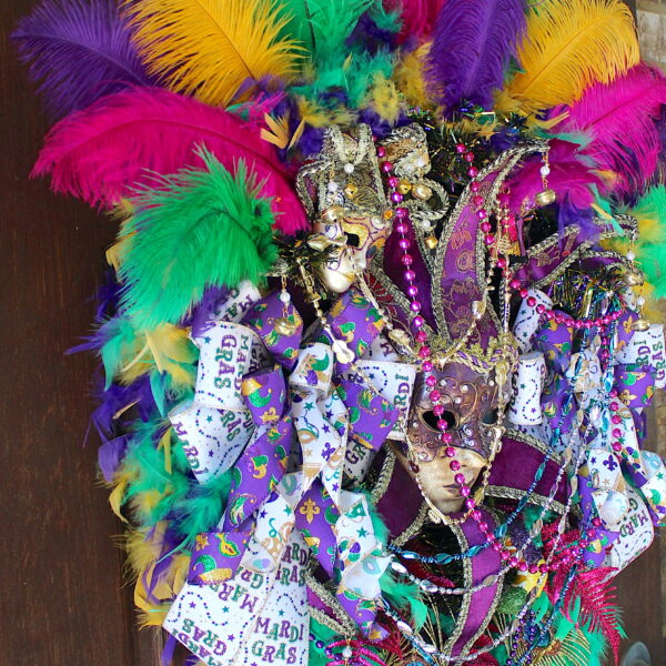 XXL Colorful Mardi Gras Wreath, Carnival Feather HeadDress Female Purple and Gold Venetian Jester Mask Wreath - Image 4