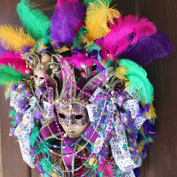XXL Colorful Mardi Gras Wreath, Carnival Feather HeadDress Female Purple and Gold Venetian Jester Mask Wreath - Image 2