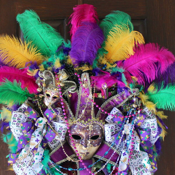XXL Colorful Mardi Gras Wreath, Carnival Feather HeadDress Female Purple and Gold Venetian Jester Mask Wreath - Image 5