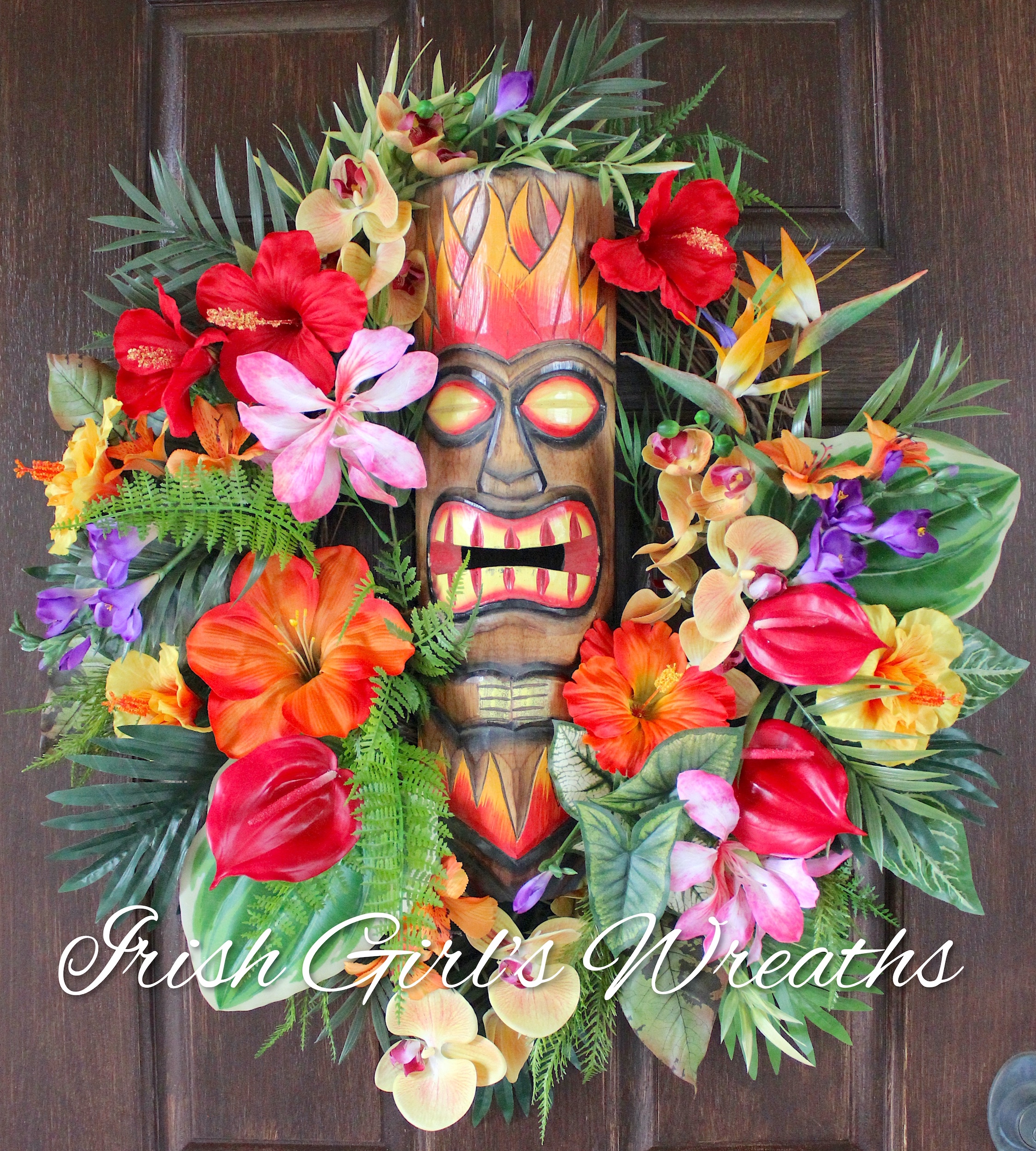 Deluxe Tiki Fire God Tropical Garden Wreath, Summer Island Paradise Luau Wreath
