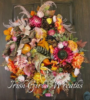 Deluxe Pink Copper and Brown Thanksgiving Cornucopia Wreath, XL Rose Gold Autumn Harvest Wreath, Luxury Thanksgiving Floral Wreath, Fall Wreath