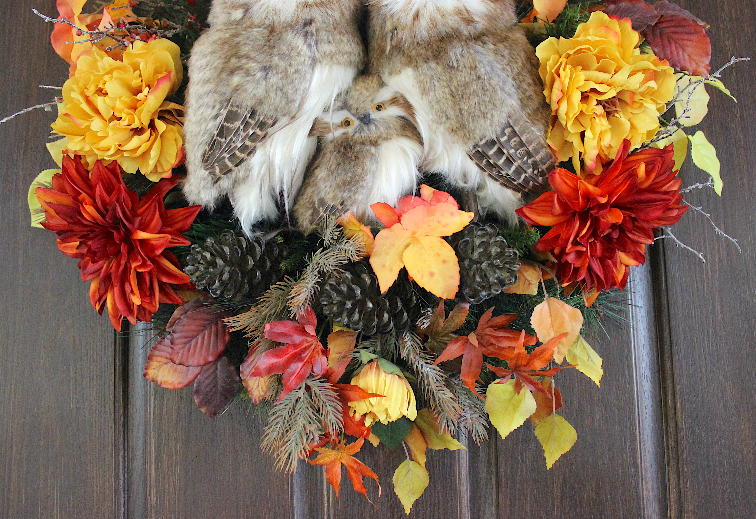 Deluxe Lush Rustic Woodland Autumn Owl Family Fall Wreath, pine cones, birch, woodland, Mom Dad and Baby Owl Decor - Image 2