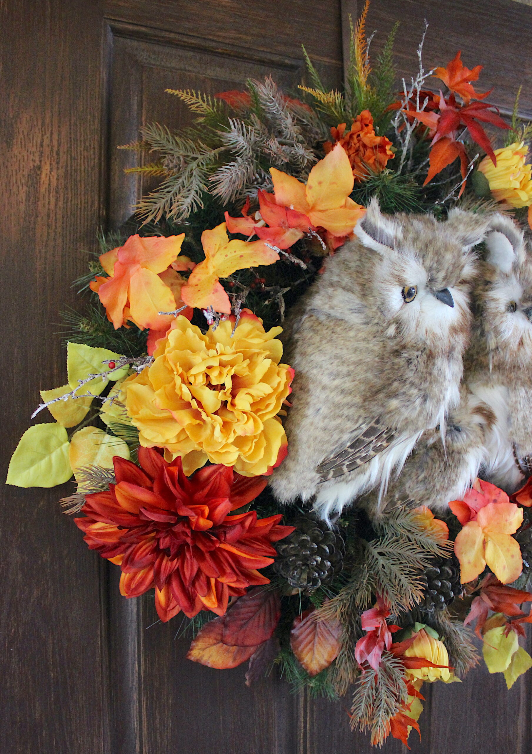Deluxe Lush Rustic Woodland Autumn Owl Family Fall Wreath, pine cones, birch, woodland, Mom Dad and Baby Owl Decor - Image 3
