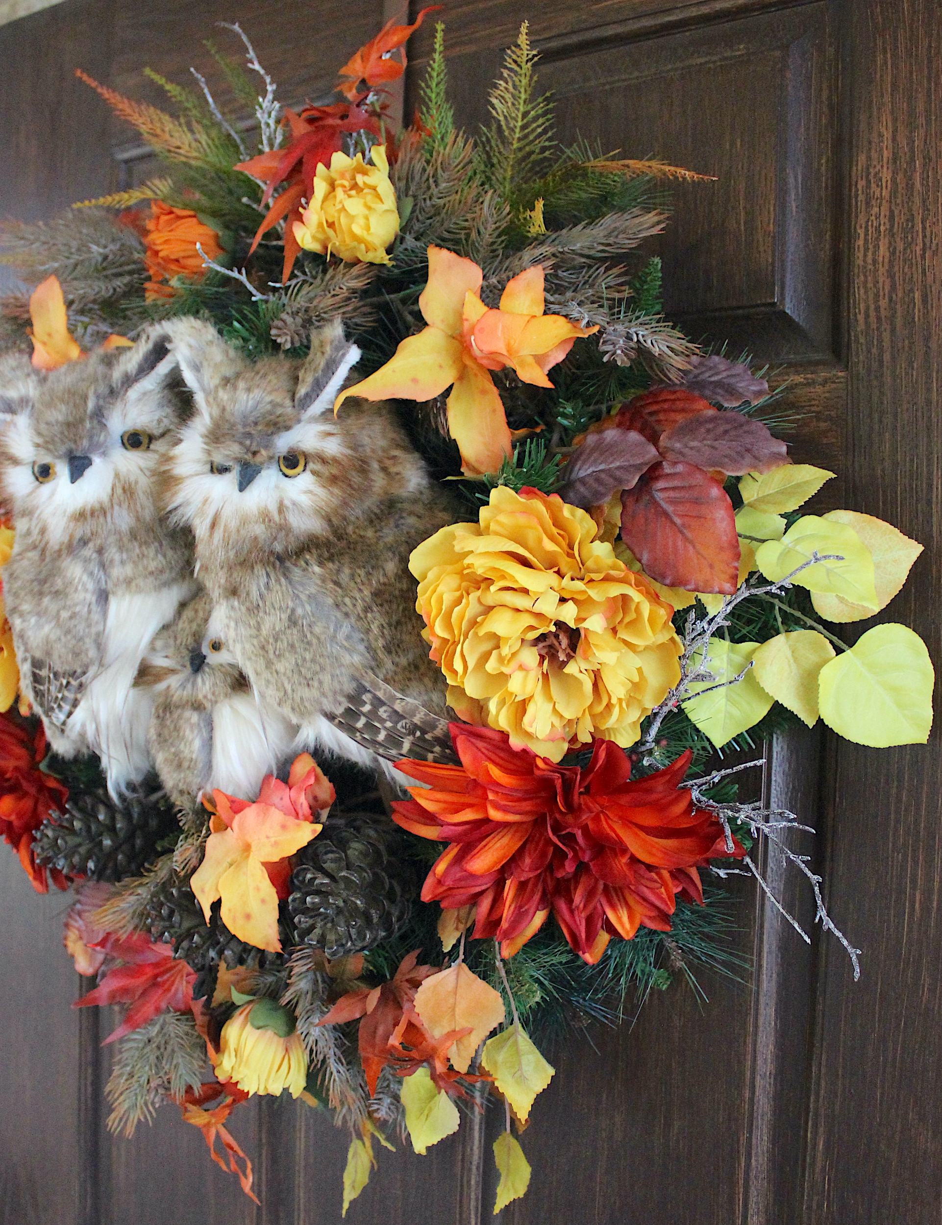 Deluxe Lush Rustic Woodland Autumn Owl Family Fall Wreath, pine cones, birch, woodland, Mom Dad and Baby Owl Decor - Image 4