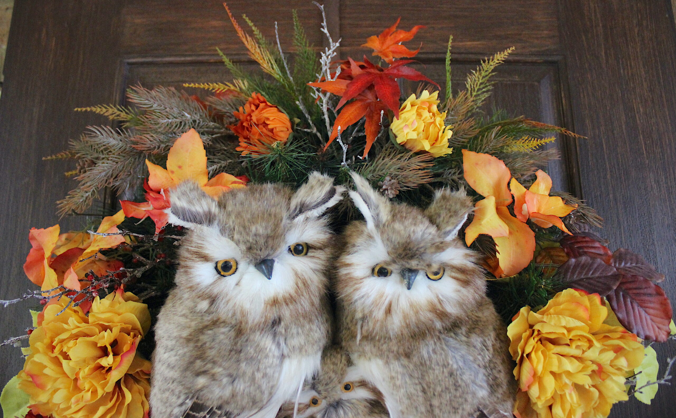 Deluxe Lush Rustic Woodland Autumn Owl Family Fall Wreath, pine cones, birch, woodland, Mom Dad and Baby Owl Decor - Image 5