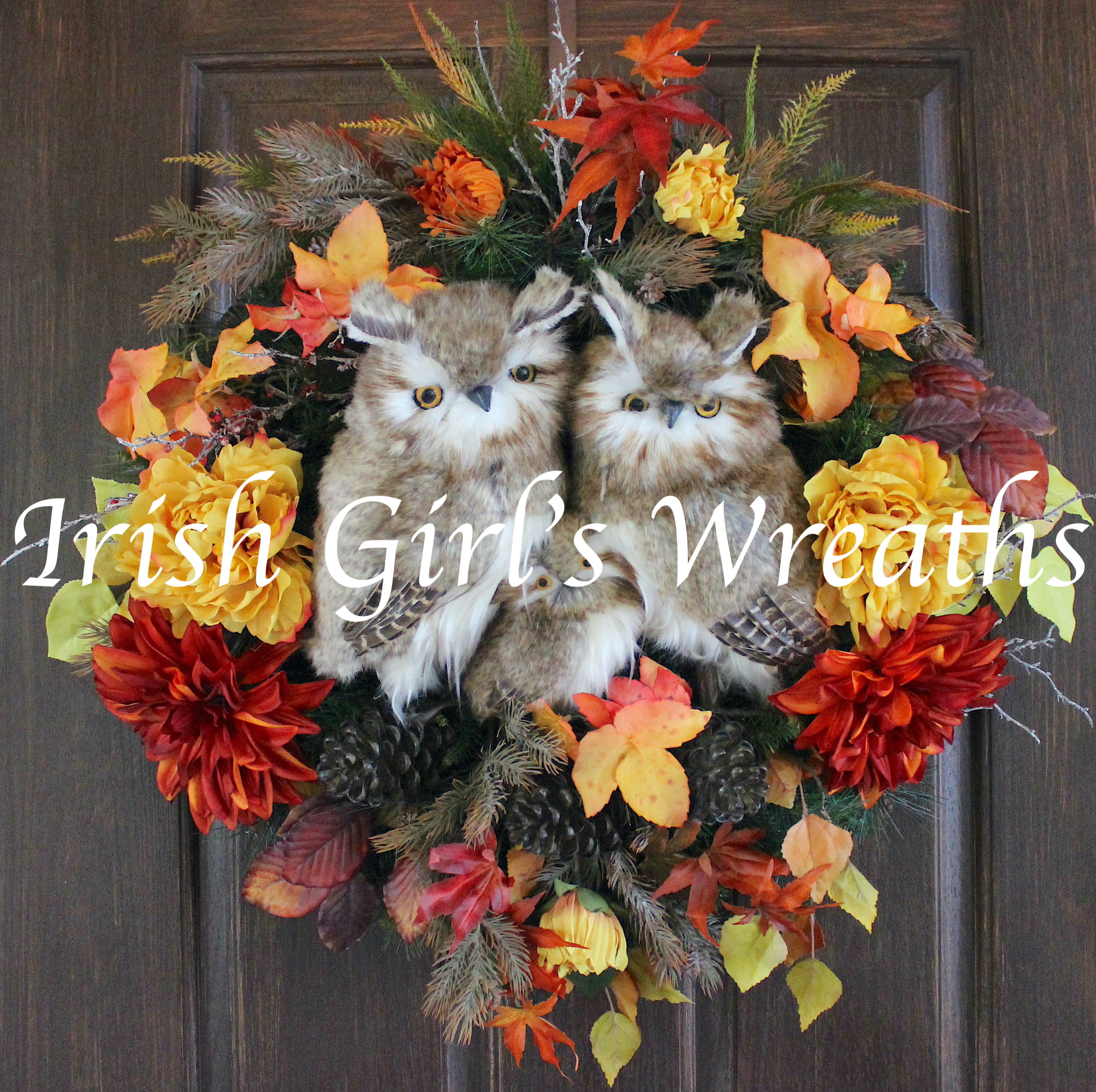 Deluxe Lush Rustic Woodland Autumn Owl Family Fall Wreath, pine cones, birch, woodland, Mom Dad and Baby Owl Decor