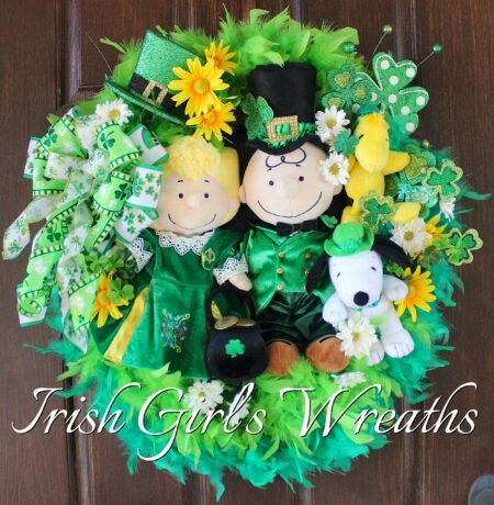 Deluxe Peanuts Gang Charlie Brown and Sally St. Patrick's Wreath, Peanuts Saint Patricks Wreath, Snoopy St Patricks Wreath