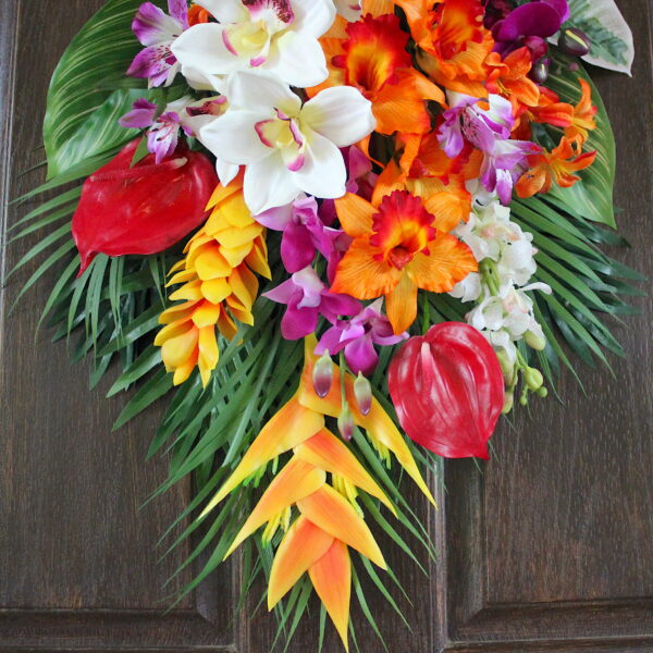 Tropical Island Luau Orange and Magenta Summer Floral Swag, Hibiscus, Ginger Flower, Orchid, Summer Wreath - Image 5