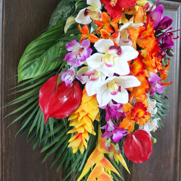 Tropical Island Luau Orange and Magenta Summer Floral Swag, Hibiscus, Ginger Flower, Orchid, Summer Wreath - Image 4