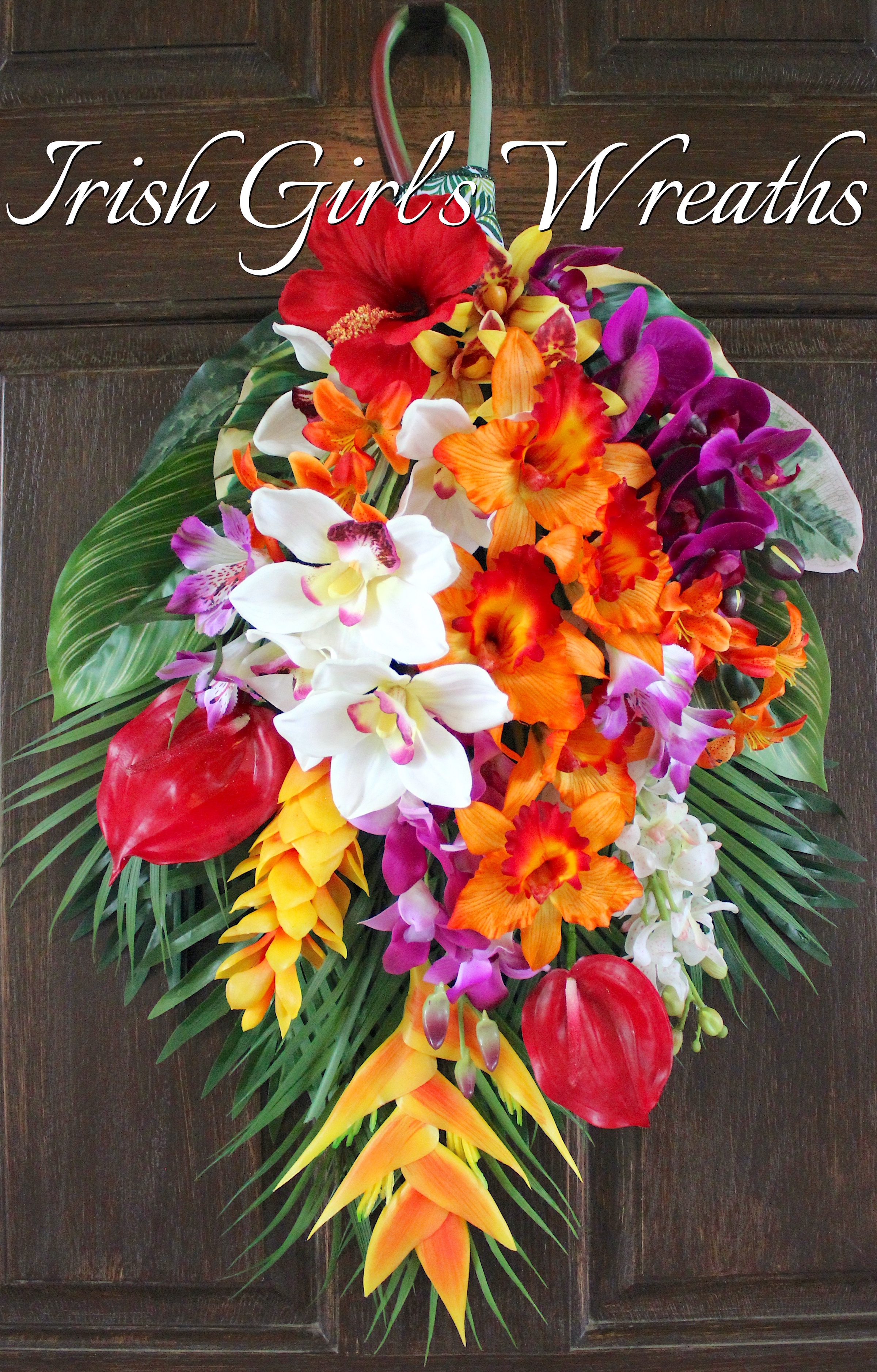 Tropical Island Luau Orange and Magenta Summer Floral Swag, Hibiscus, Ginger Flower, Orchid, Summer Wreath