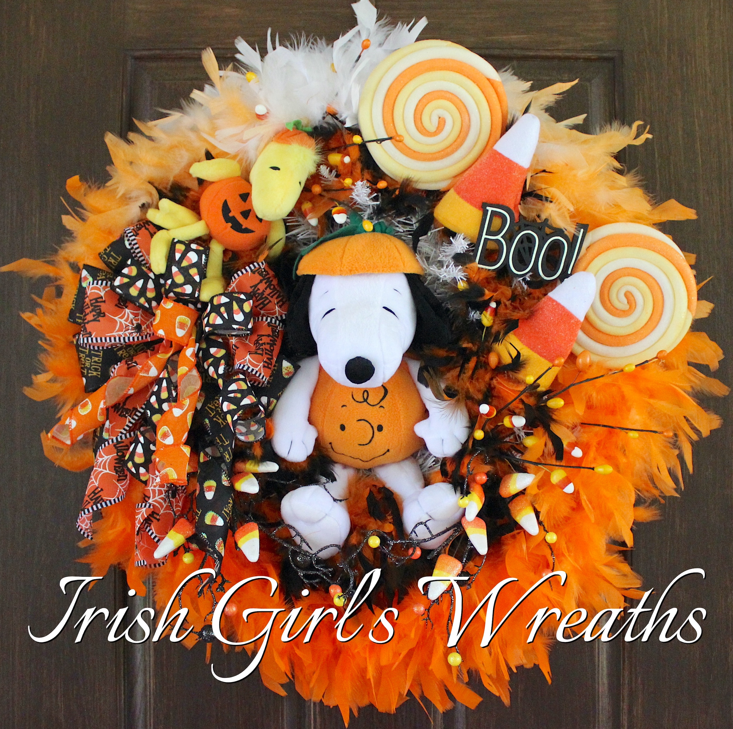 Candy Corn Snoopy and Woodstock Halloween Pumpkin Wreath, Peanuts Halloween Wreath