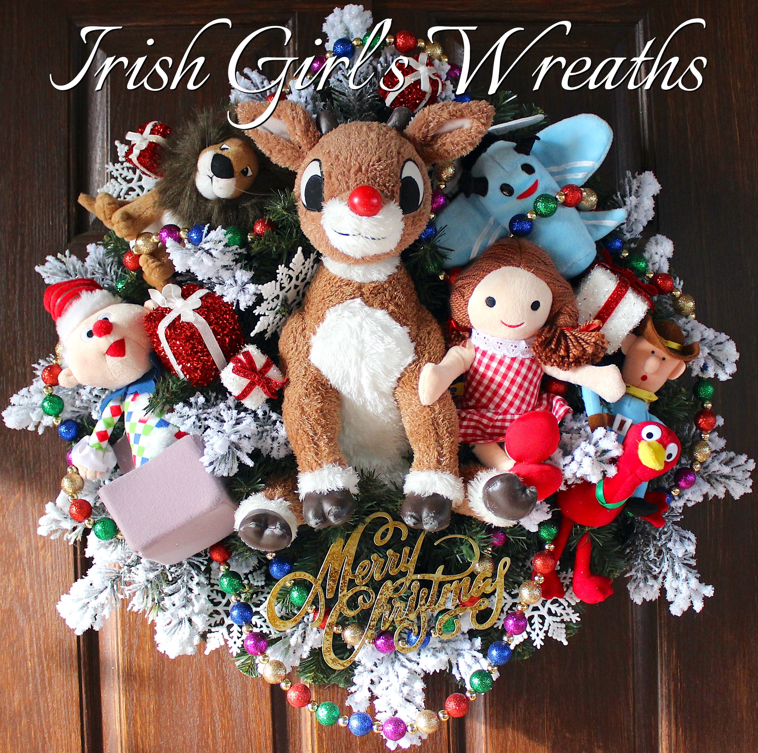 Snowy Deluxe Island of Misfit Toys and Rudolph Reindeer Christmas Wreath, MoonRacer Lion, Misfit Dolly, Charlie in the Box, Misfit Plane