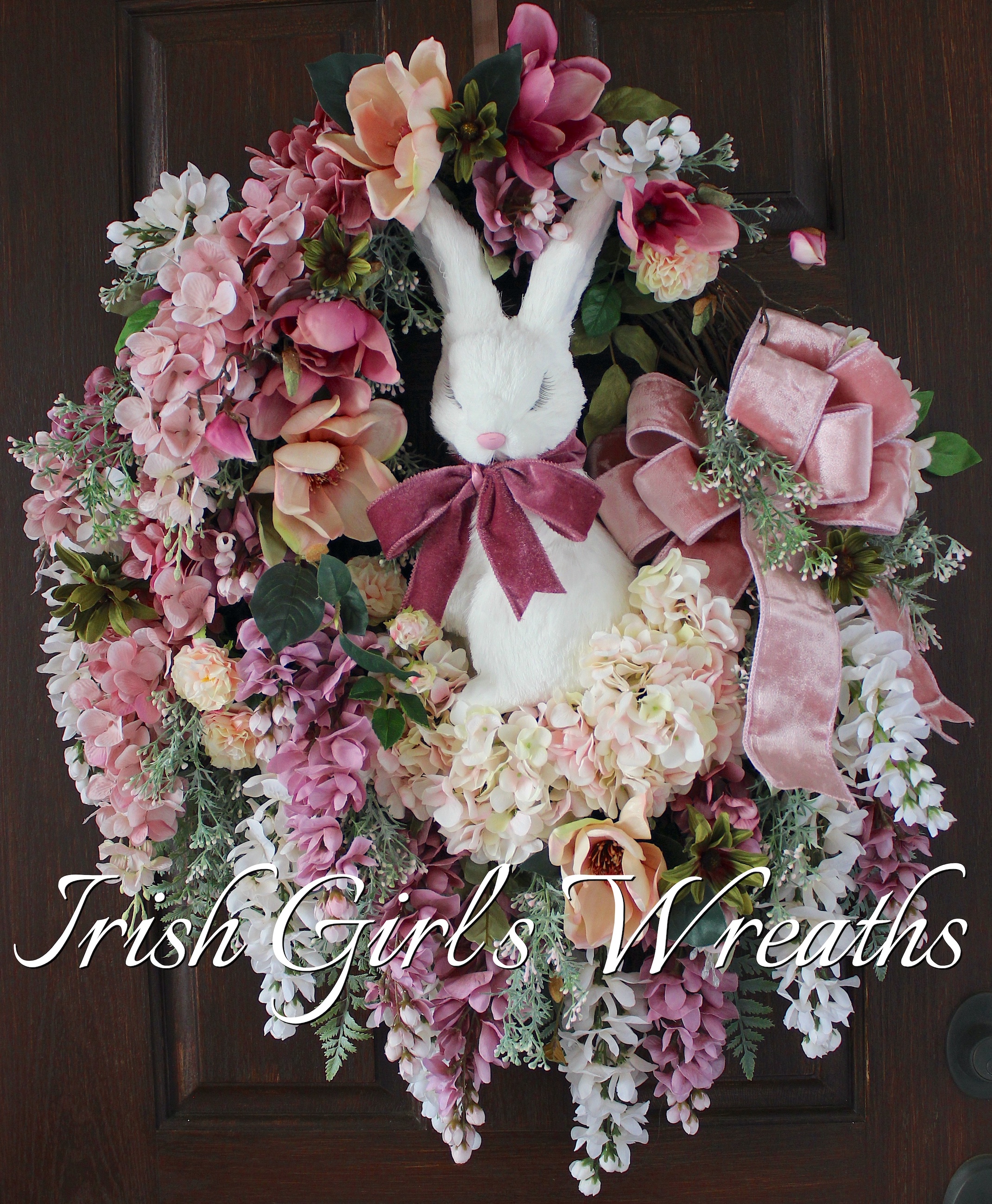 Bashful Bunny Dusty Rose Pink and Ivory Wisteria and Magnolia Garden Wreath, Easter Floral Wreath, Spring Rabbit Wreath