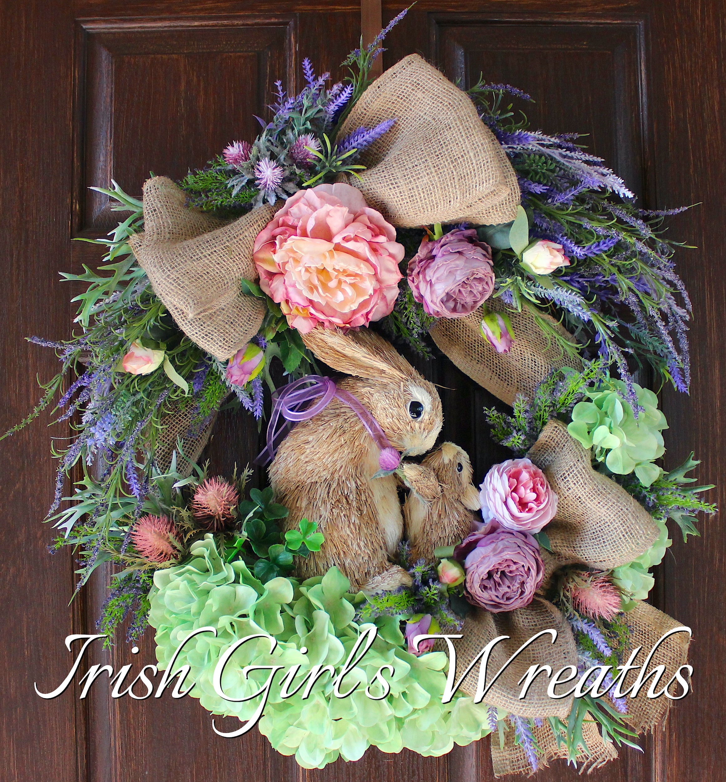 Lavender & Pink Bunny Rabbit Thistle and Heather Spring Wreath, Country Easter Wreath, Spring Bunnies Wreath