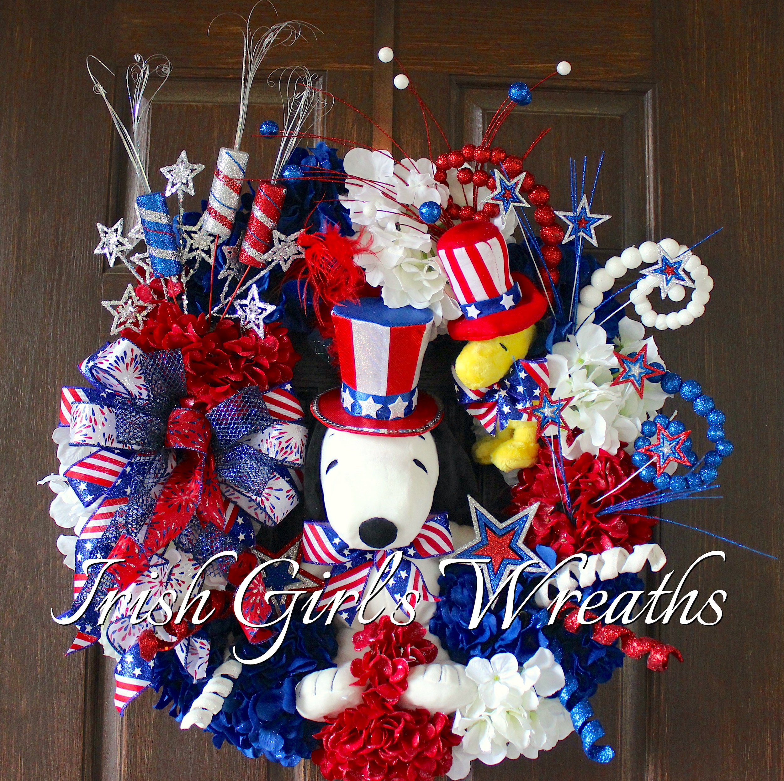 Deluxe Large Snoopy Patriotic Wreath, Peanuts 4th of July Wreath, Snoopy and Woodstock Uncle Sam Independence Day Wreath