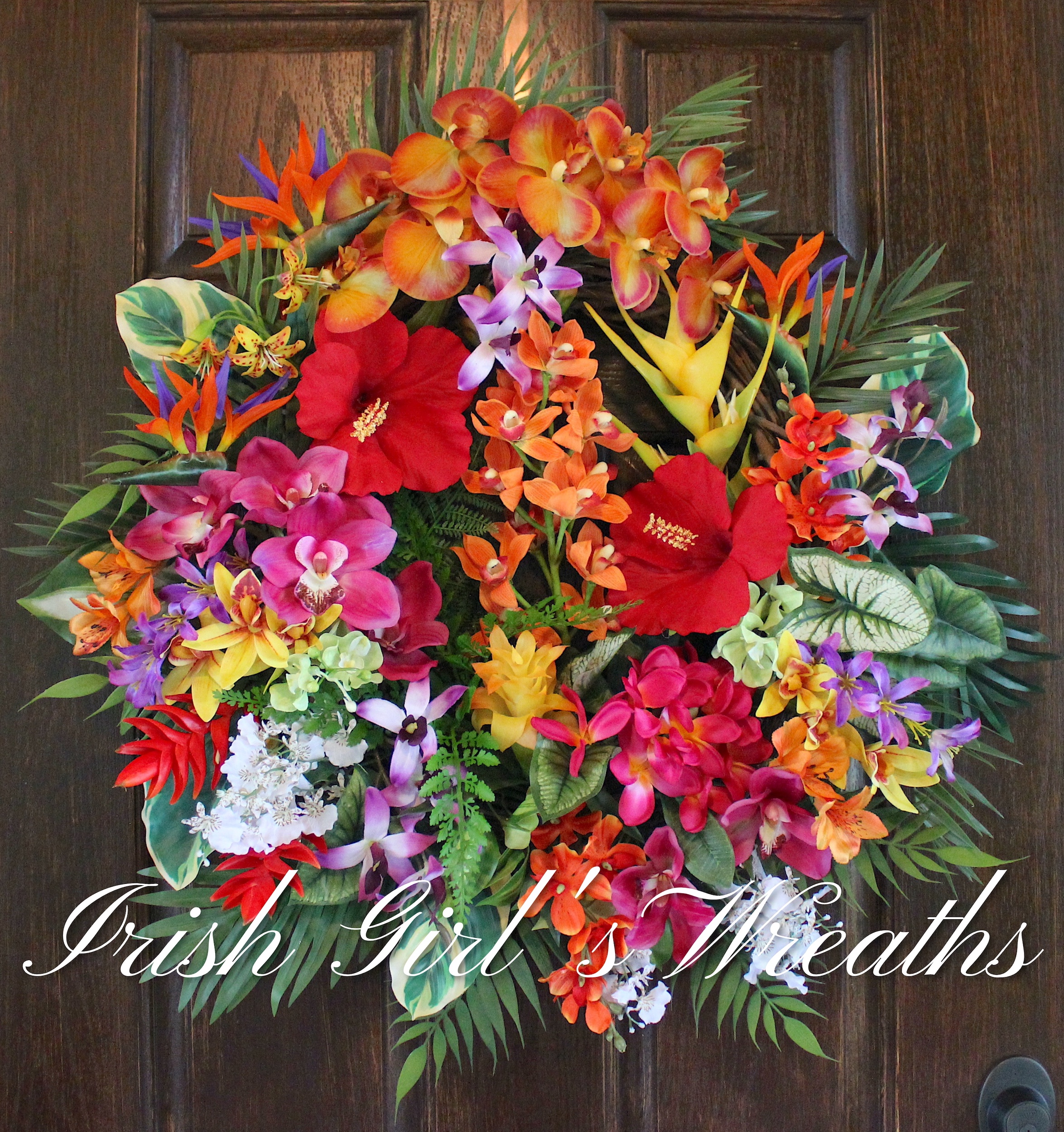 Tropical Wreath - Orange and Pink Island Garden Wreath- Hawaiian Luau Wreath - Summer Wreath