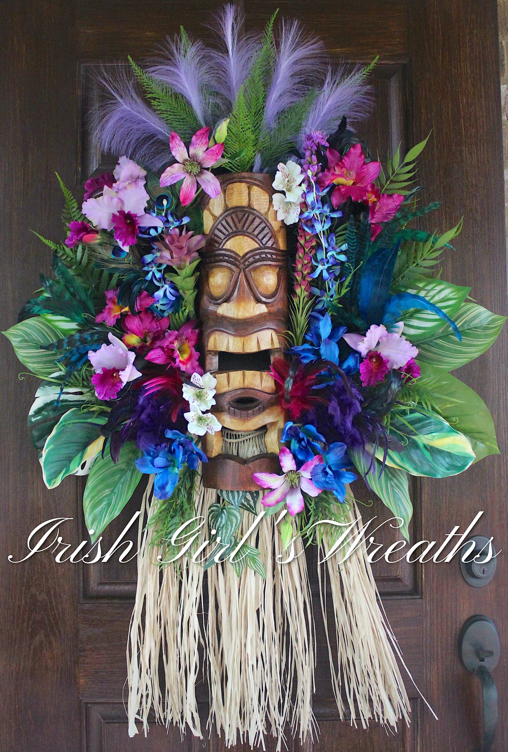 Purple and Blue Tiki Voodoo Island Tropical Wreath, Luau Wreath, Evening Twilight Tiki Bar Decor