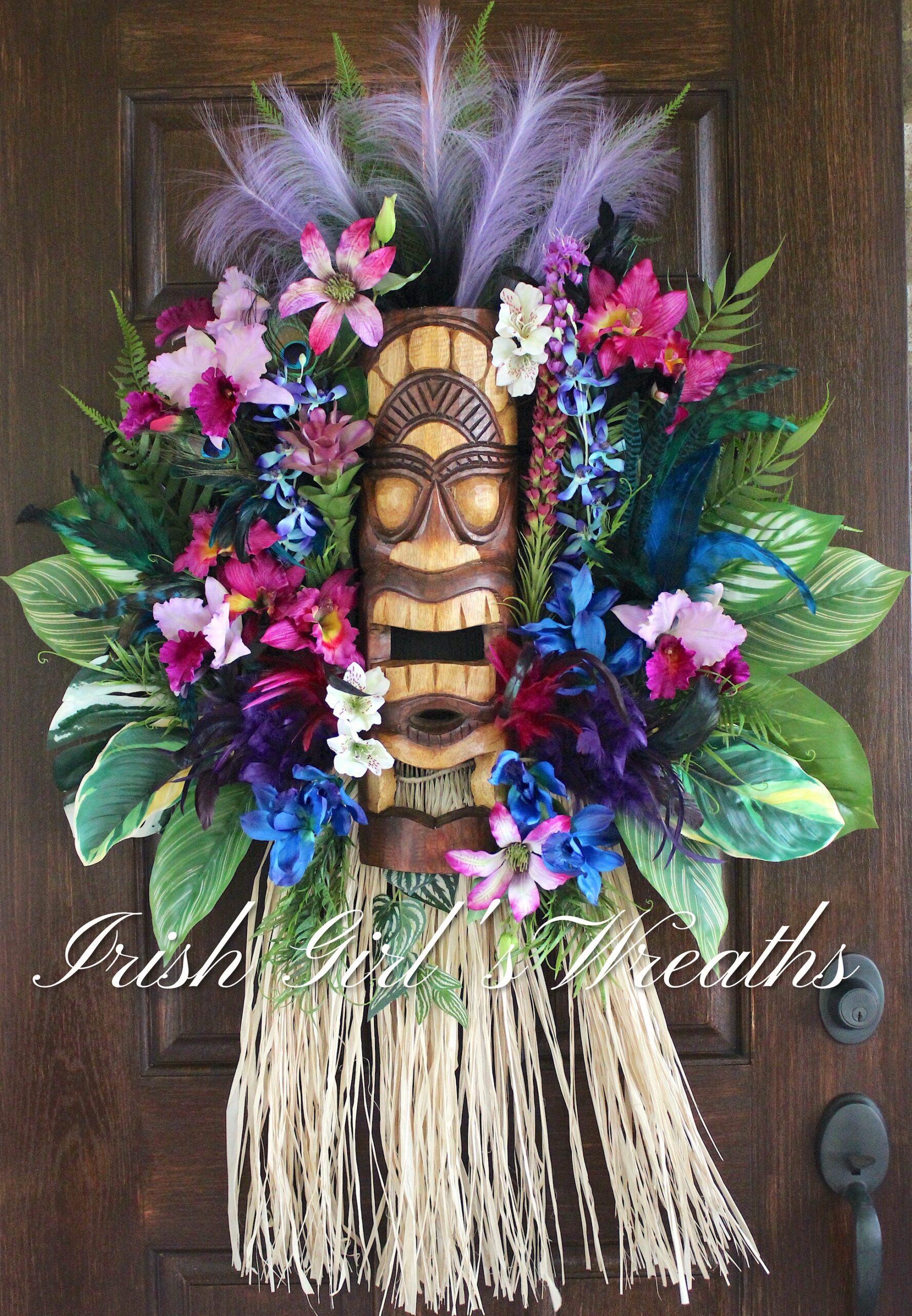 Purple and Blue Tiki Voodoo Island Tropical Wreath, Luau Wreath, Evening Twilight Tiki Bar Decor