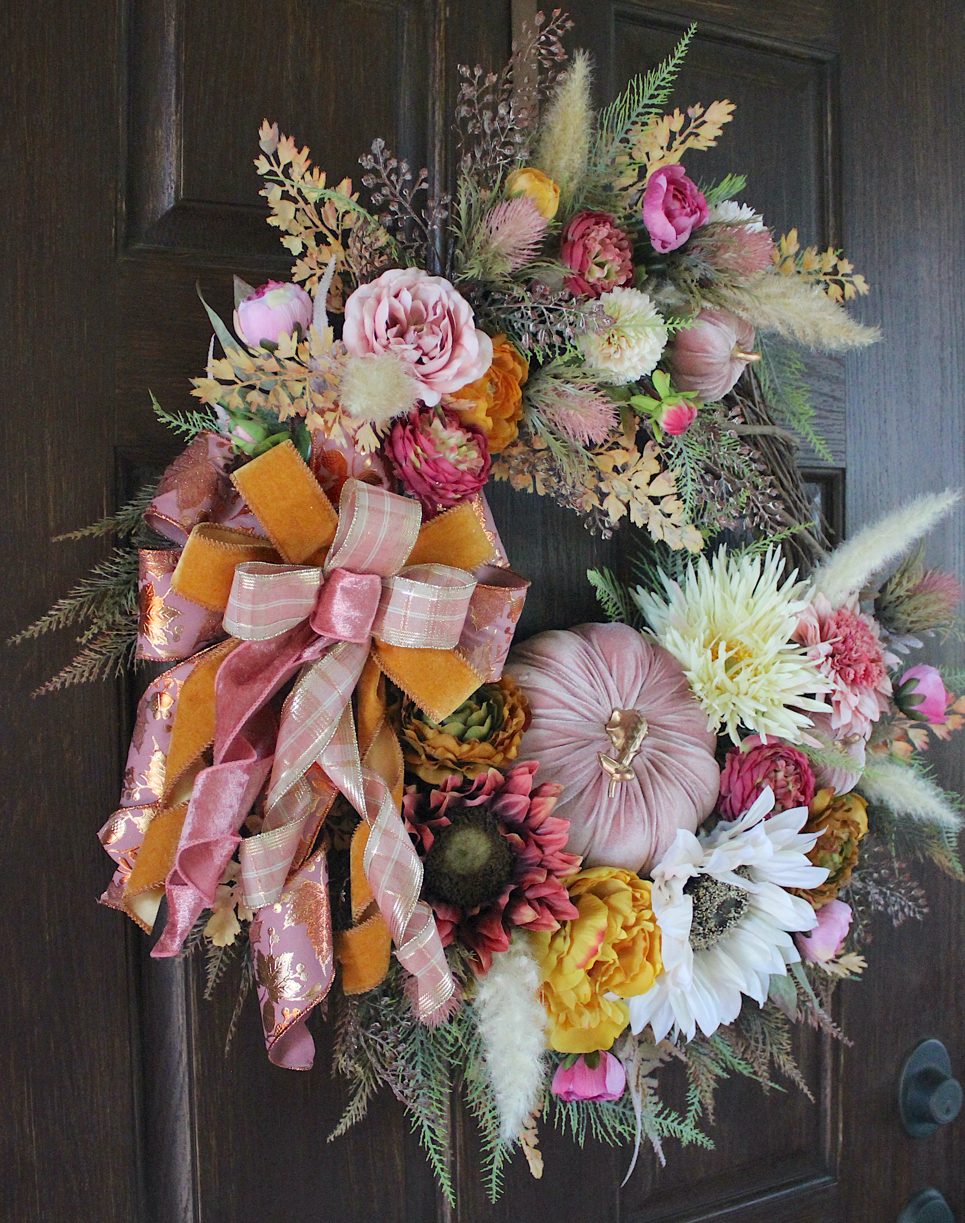 Blush and Gold Cottage Floral Fall Wreath, Tuscan Dusty Rose Thanksgiving Wreath - Image 2
