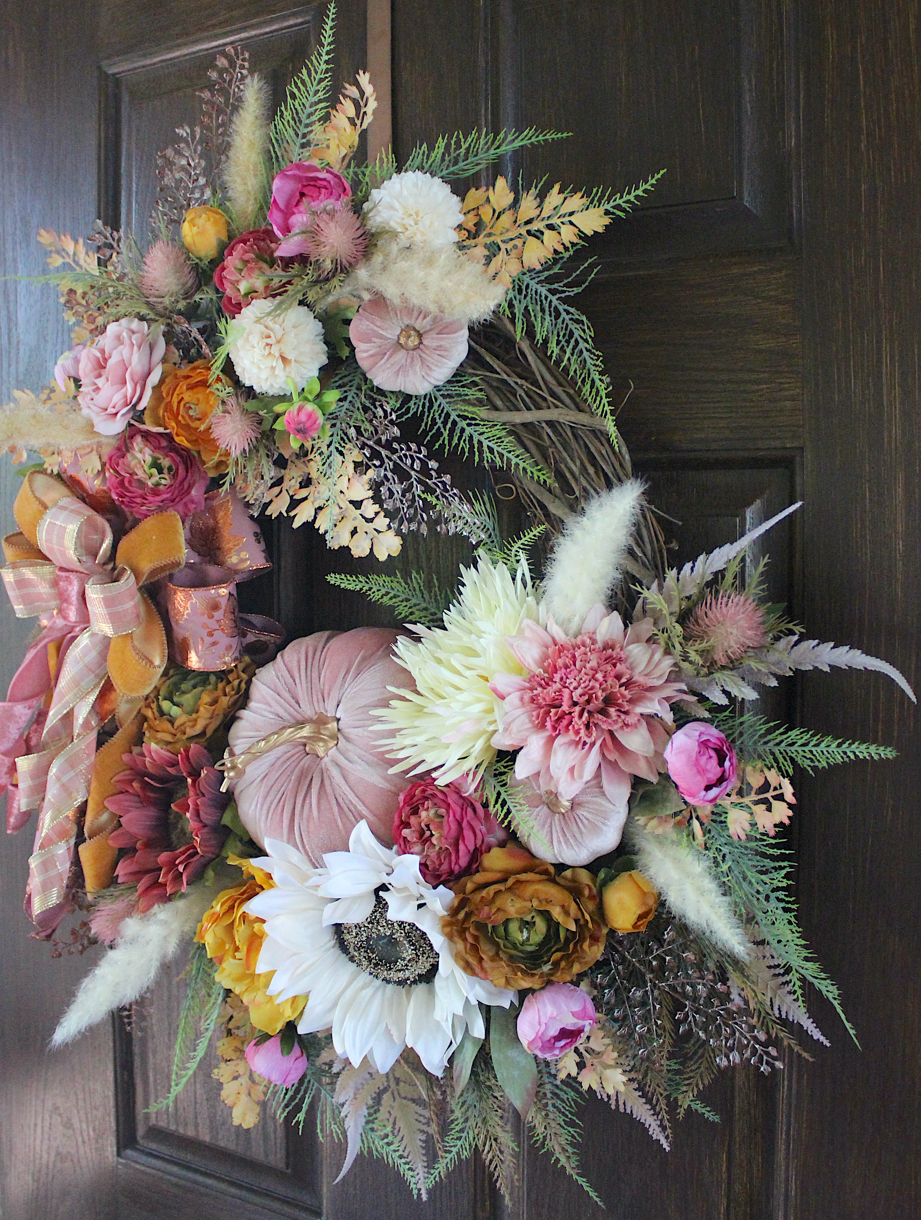 Blush and Gold Cottage Floral Fall Wreath, Tuscan Dusty Rose Thanksgiving Wreath - Image 3