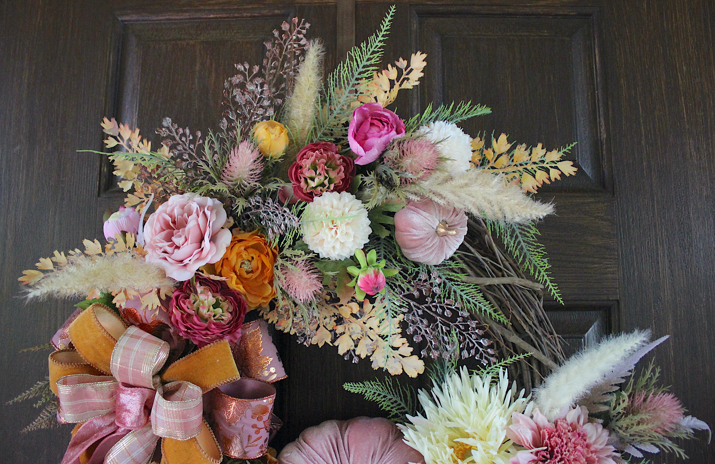 Blush and Gold Cottage Floral Fall Wreath, Tuscan Dusty Rose Thanksgiving Wreath - Image 4
