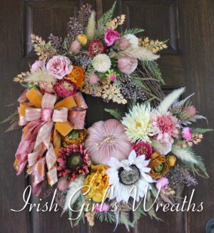 Blush and Gold Cottage Floral Fall Wreath, Tuscan Dusty Rose Thanksgiving Wreath