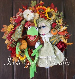 Deluxe Native American Kermit the Frog and Pioneer Miss Piggy Muppet Thanksgiving Wreath