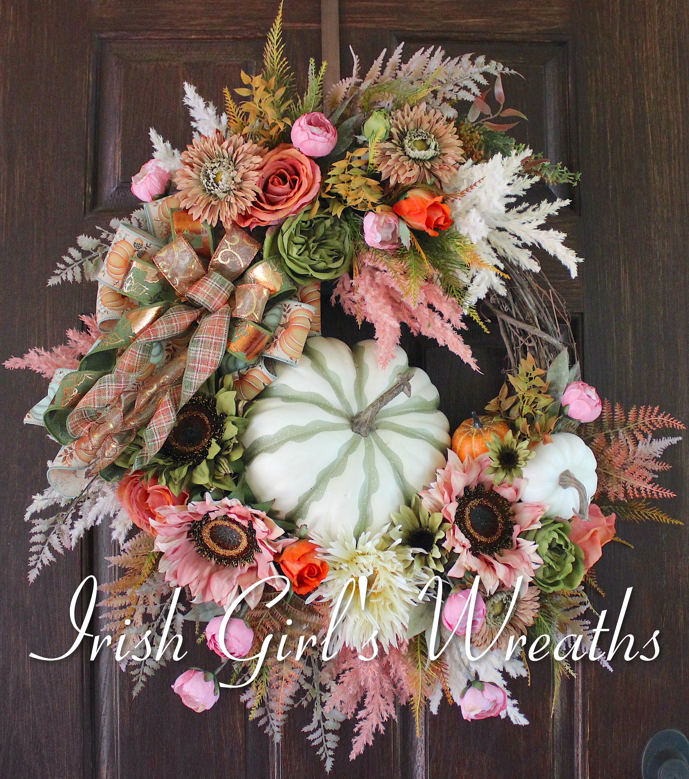 Peach Coral Pink and Moss Green Softer Shades of Autumn Wreath, Fall Garden Wreath
