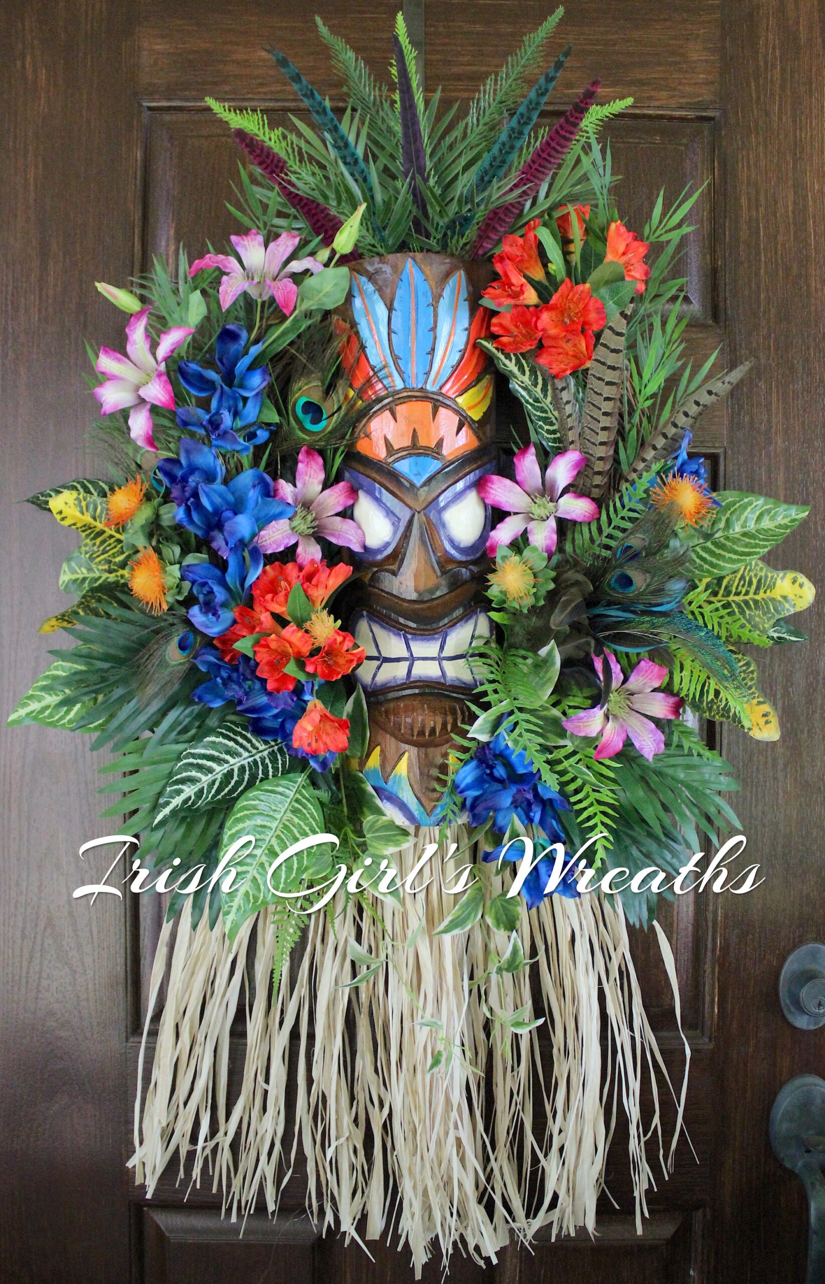 X-Large Blue Tiki Voodoo Island Tropical Wreath, Luau Wreath, Vibrant Tiki Bar Decor