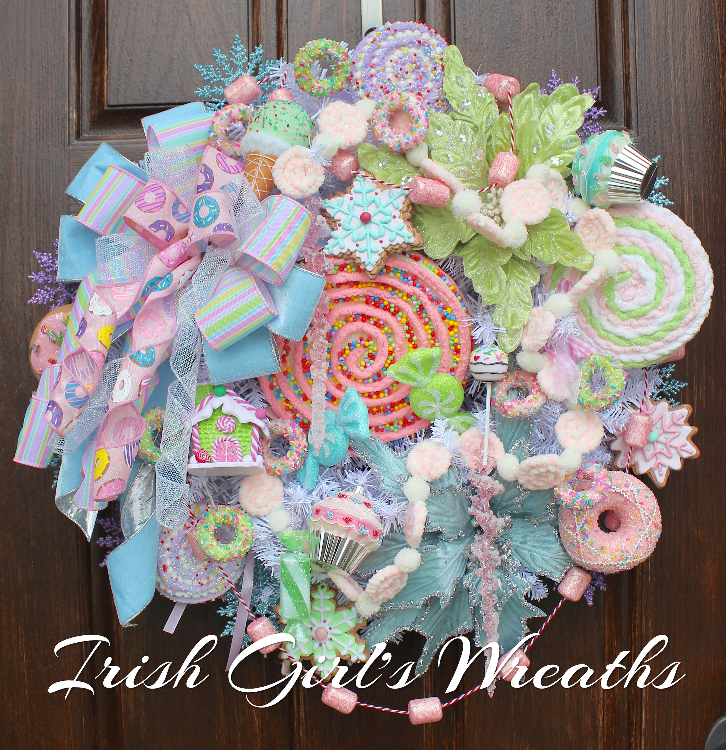 Irish Girl's Wreaths  Top Quality Handmade Artisan Floral Wreaths for all  Seasons » Deluxe Pastel Sweet Treat Candy Donuts Christmas Wreath, Pink  Christmas, Lollipops, Light Blue Christmas, Christmas Wreath
