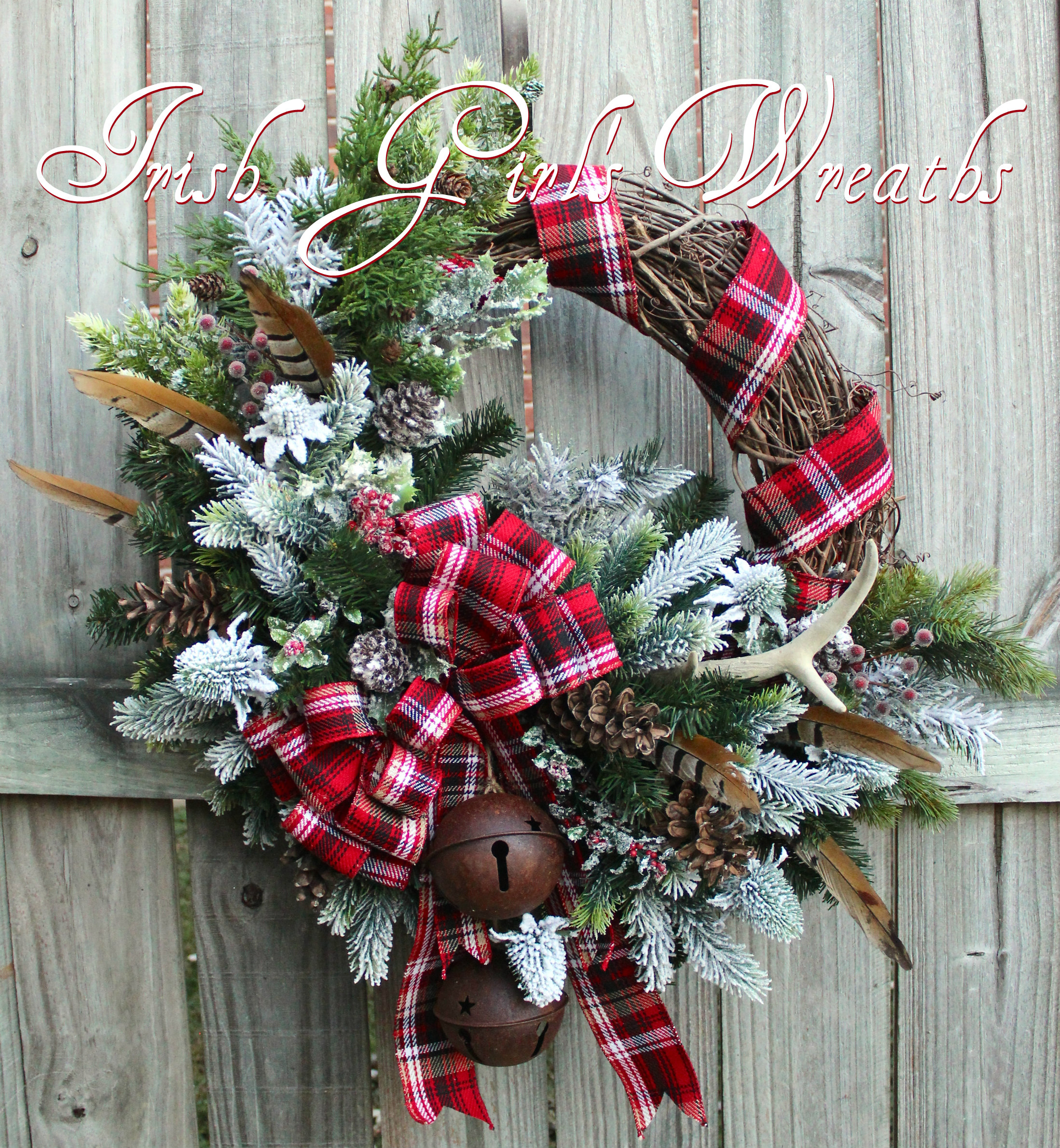 Celtic Christmas Scottish Highland Winter Wreath, tartan, antler, thistle, pheasant feather, Sleigh Bells