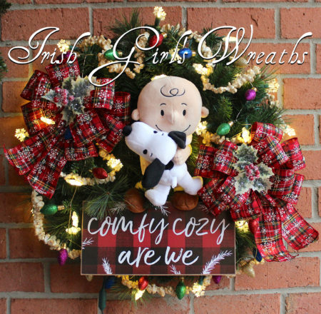 Charlie Brown and Snoopy Cozy Christmas Wreath, Peanuts Christmas Wreath, Pre-lit LED warm white snowflake lights